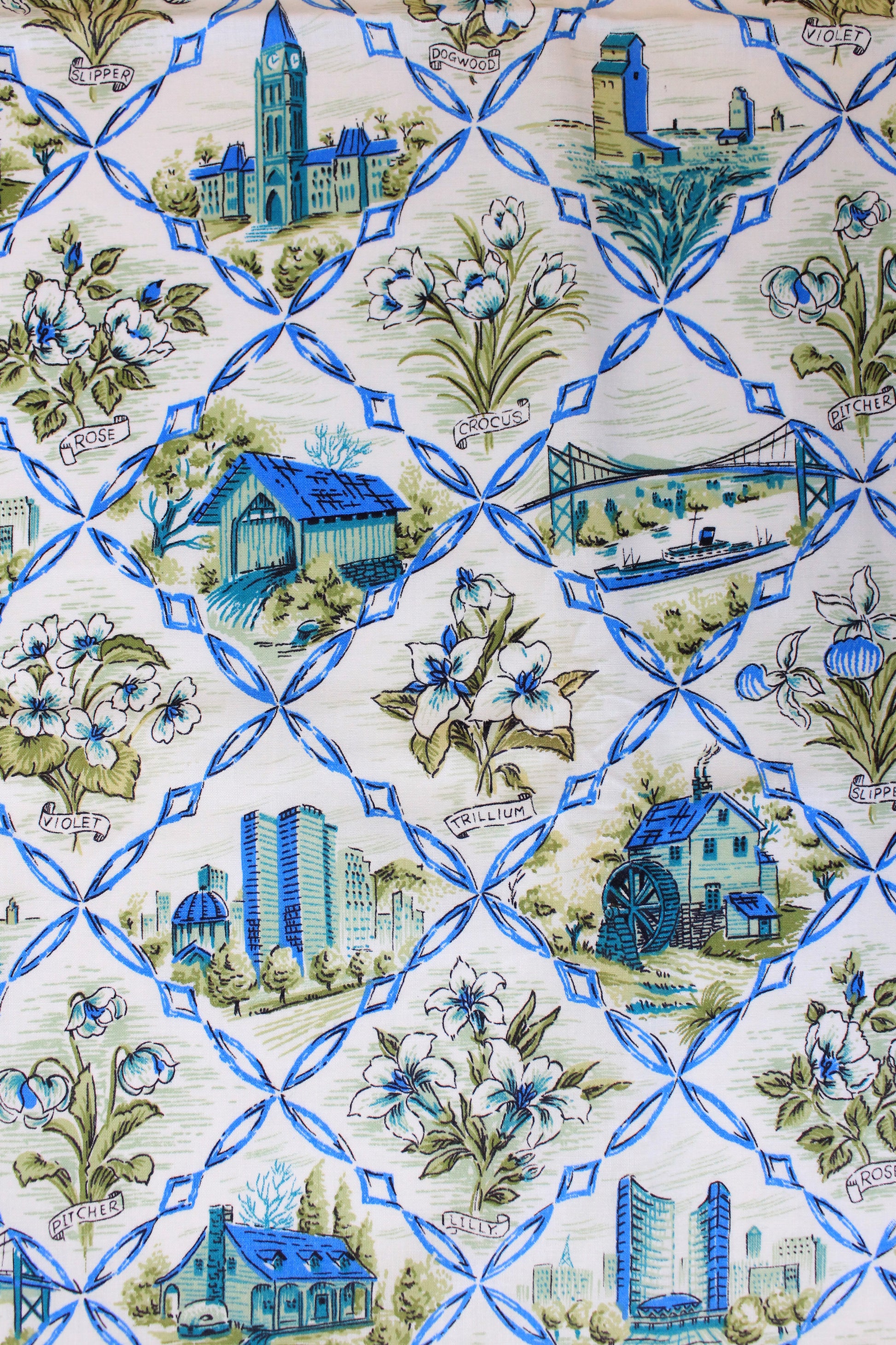 1960s Green And Blue Cotton Sewing Fabric With Flowers And Architecture, 6 + 2 Yards