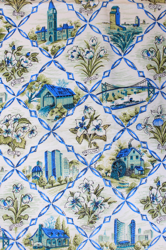 1960s Green And Blue Cotton Sewing Fabric With Flowers And Architecture, 6 + 2 Yards