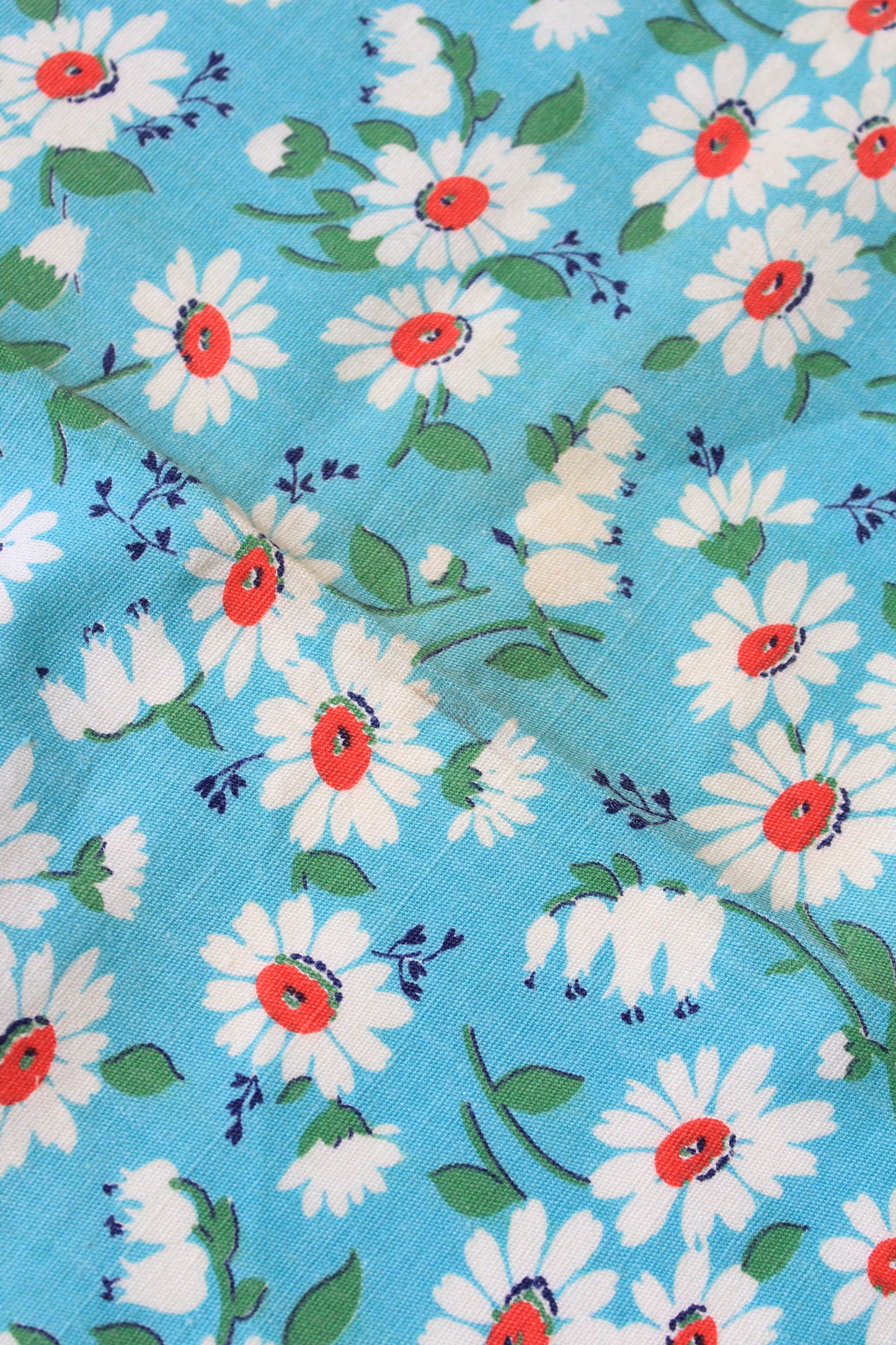 1950s Teal With White And Red Flowers Cotton Sewing Fabric, 4.5 Yards
