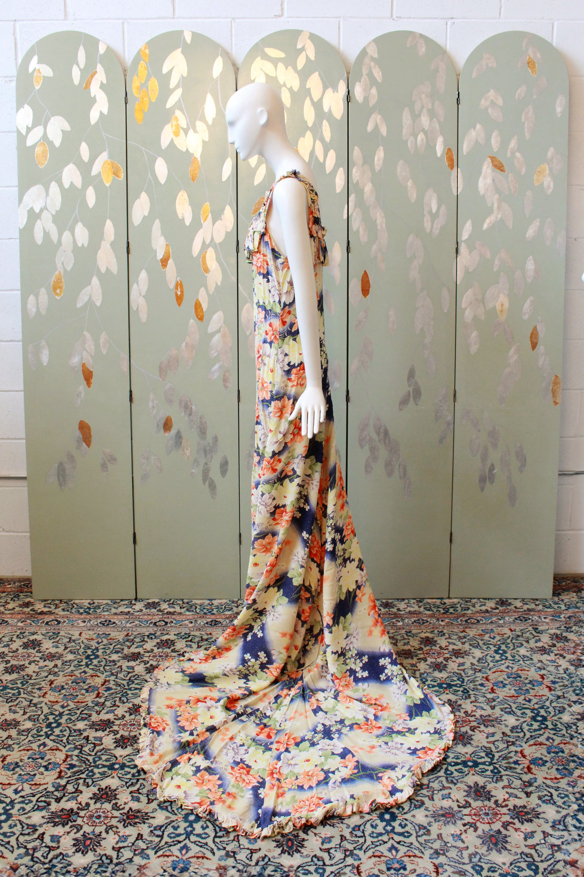 1930s Bias Cut Yellow And Orange Floral Gown With Train, Small