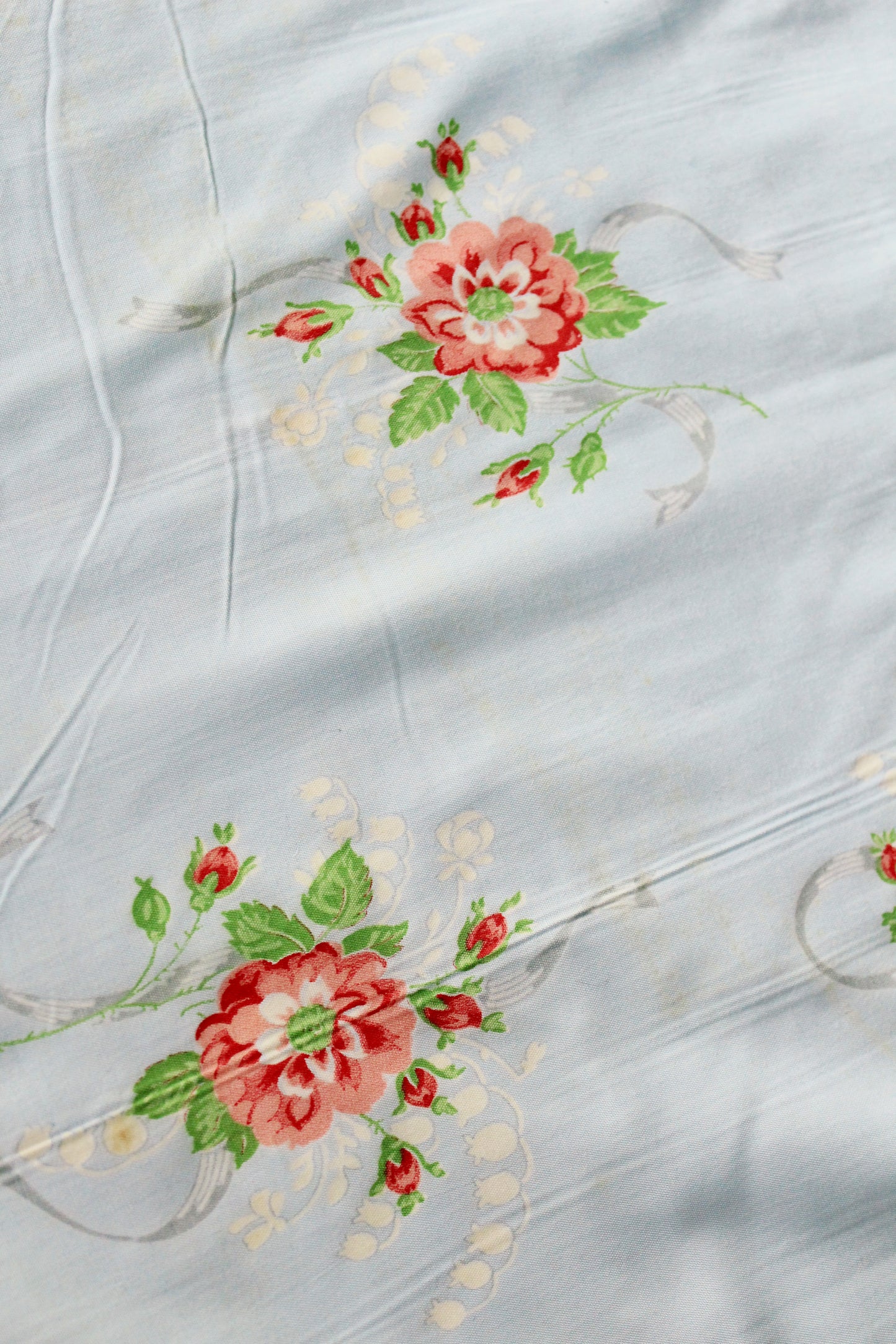 1940s Light Blue Cotton Fabric With Pink Flowers, 9 Yards