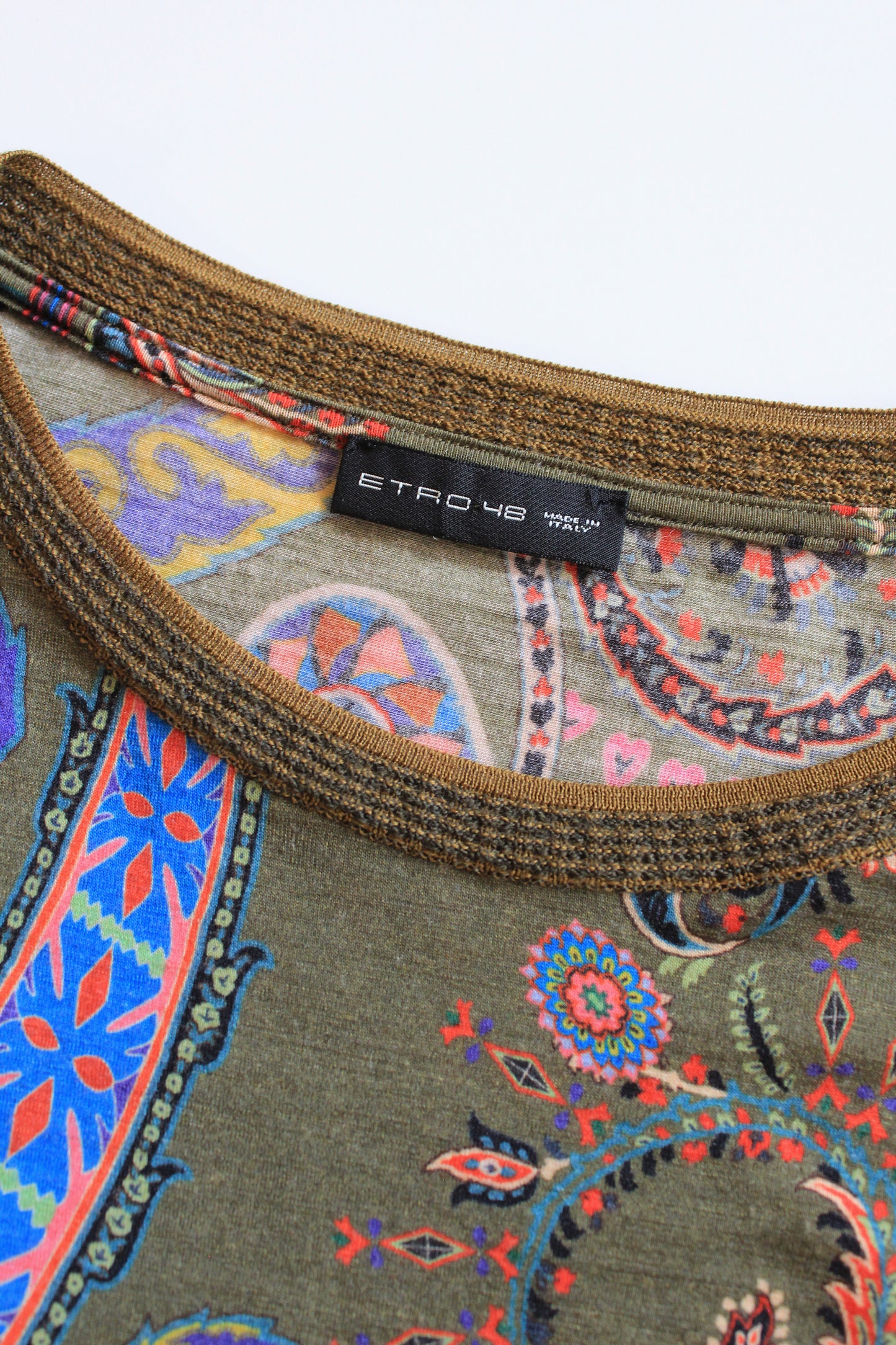 Early 2000s Olive Green Etro Long Sleeve Paisley Print Cotton Long Sleeve Top, Large