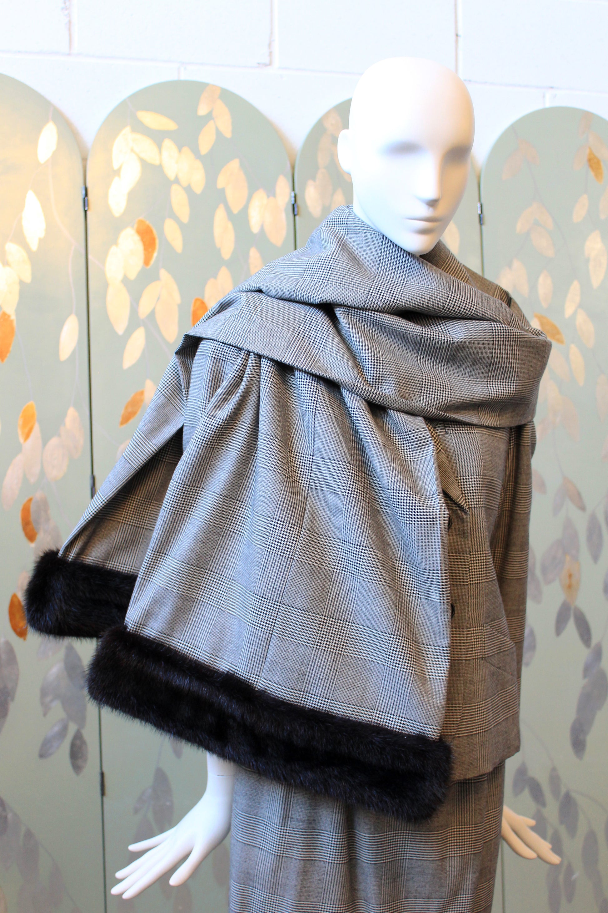 1990s Lily Simon 3PC Houndstooth Fur Trim Skirt Set With Scarf, Small