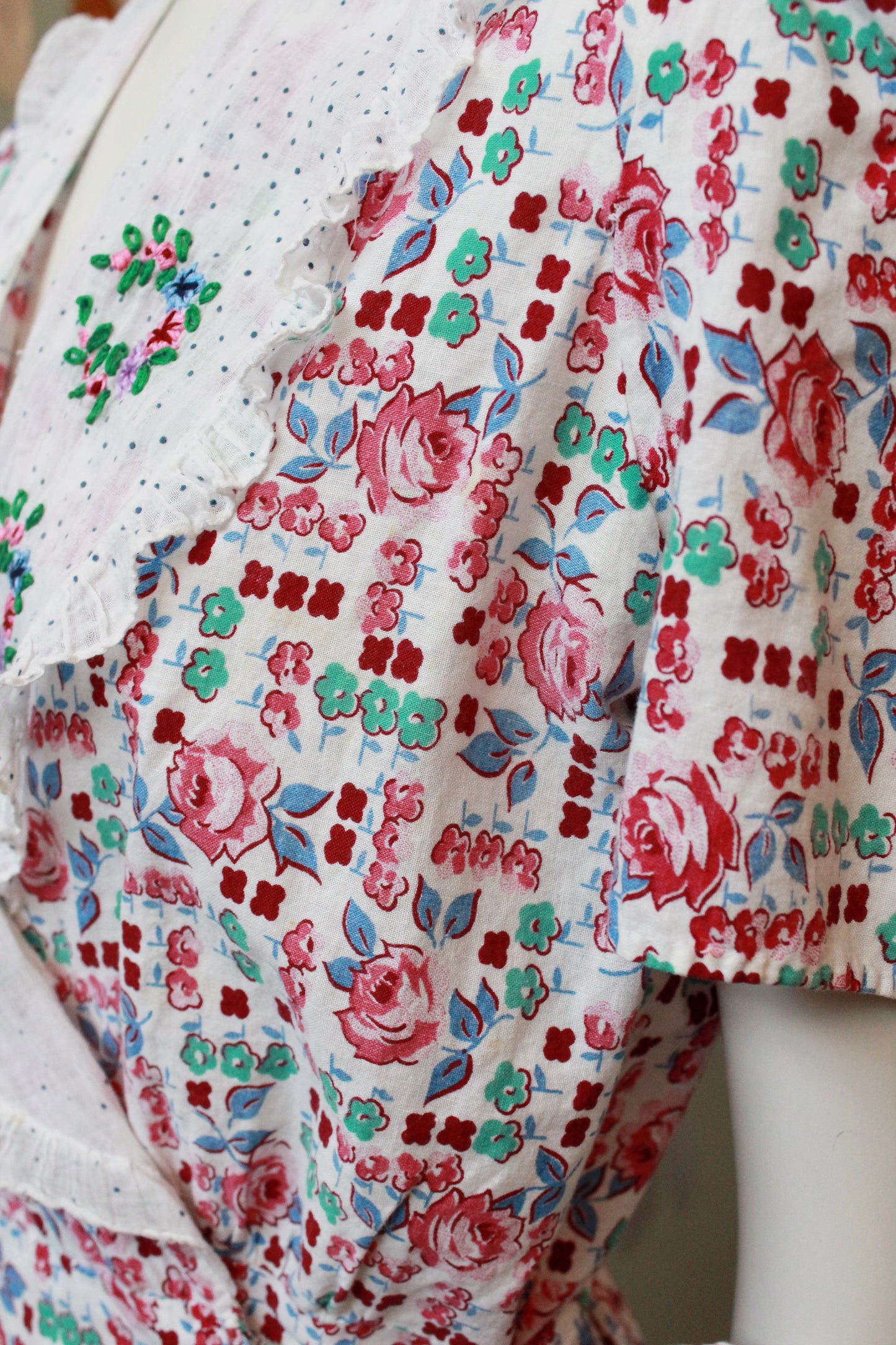 1940s  Floral Cotton Wrap House Dress With Embroidery, Medium
