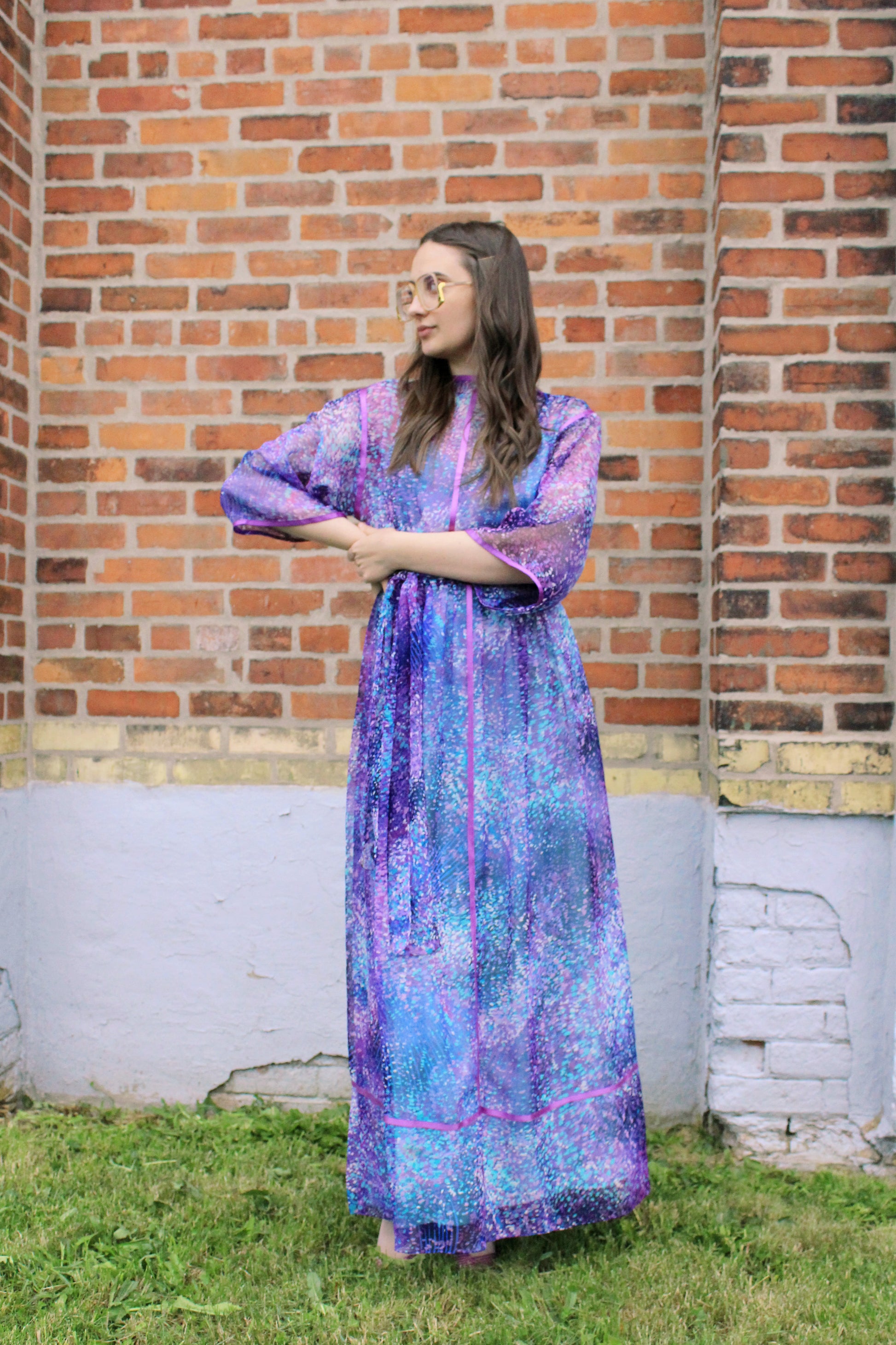 Vintage 1970s Purple and Blue Printed Chiffon Maxi Dress, Small