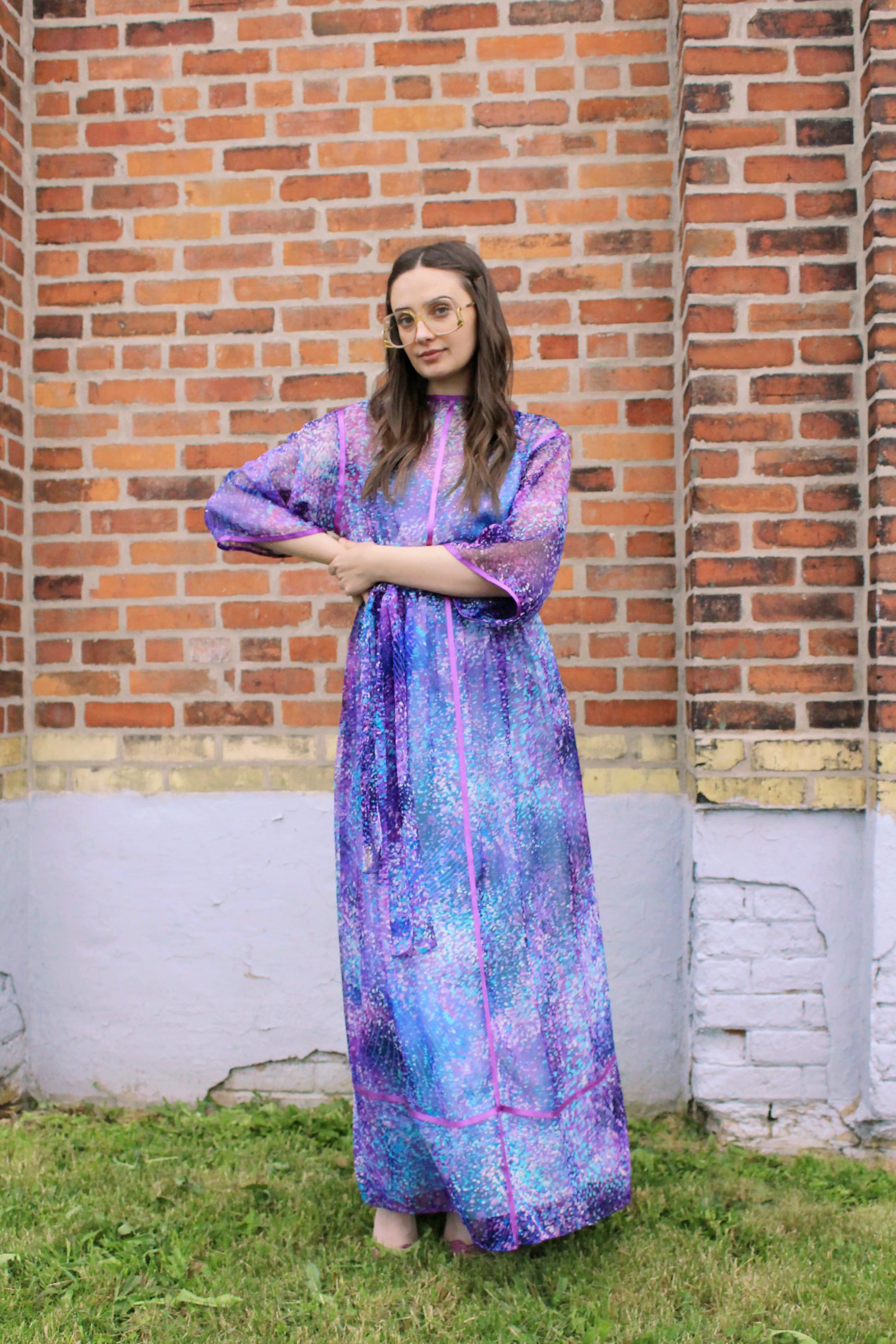 Vintage 1970s Purple and Blue Printed Chiffon Maxi Dress, Small