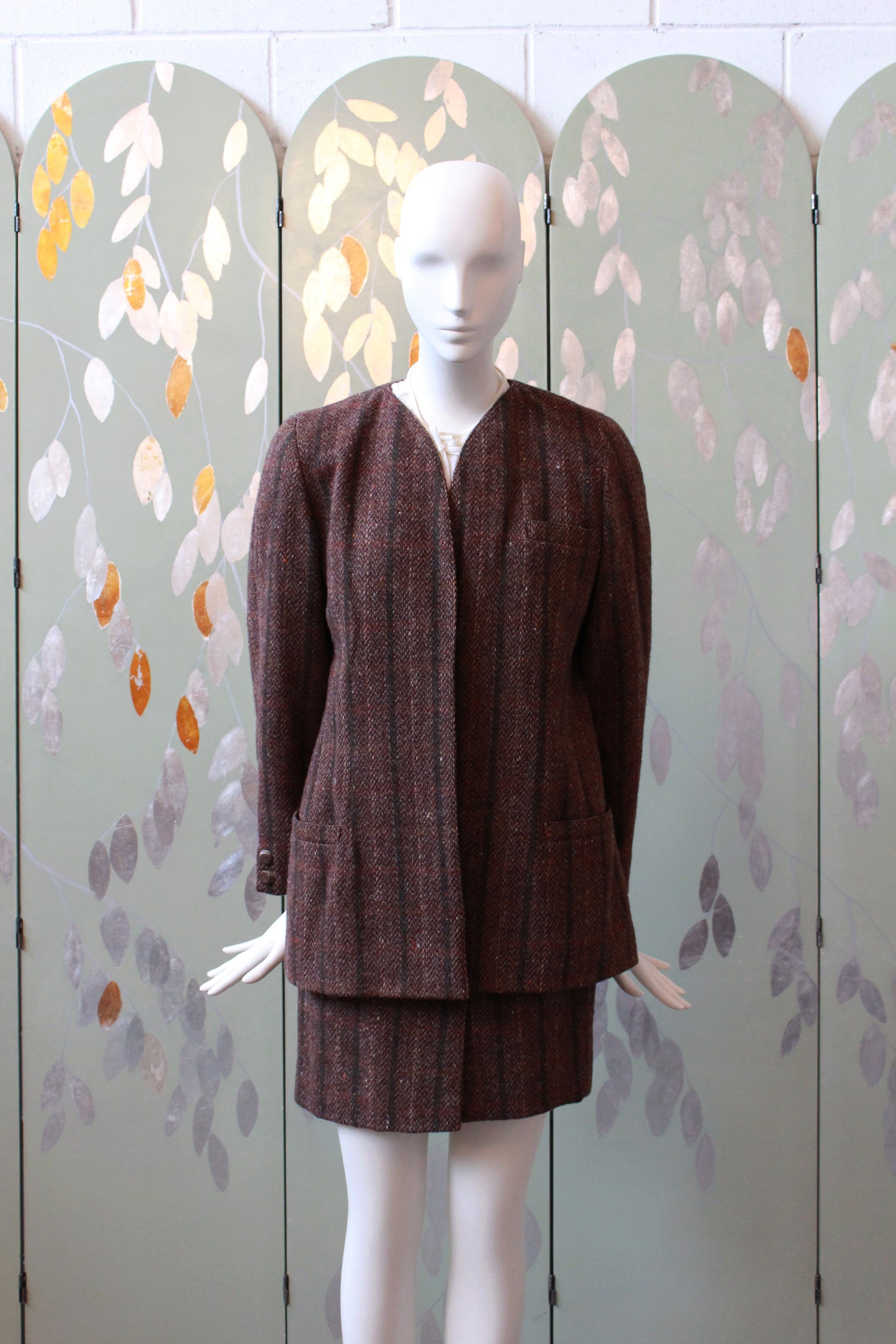 1980s Krizia Brown/Plum Plaid Wool Skirt Suit Set, XS