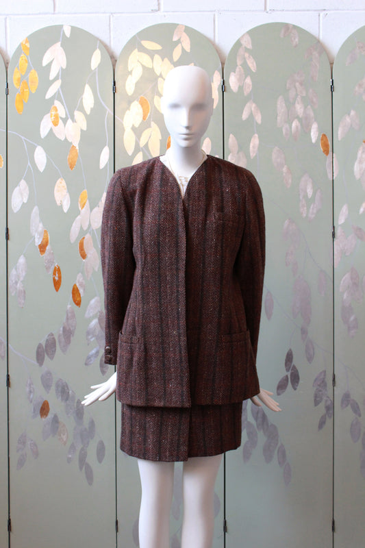 1980s Krizia Brown/Plum Plaid Wool Skirt Suit Set, XS