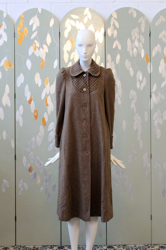 1980s Junior Brown Wool Puff Sleeve Plaid Peter Pan Collar Coat, XS