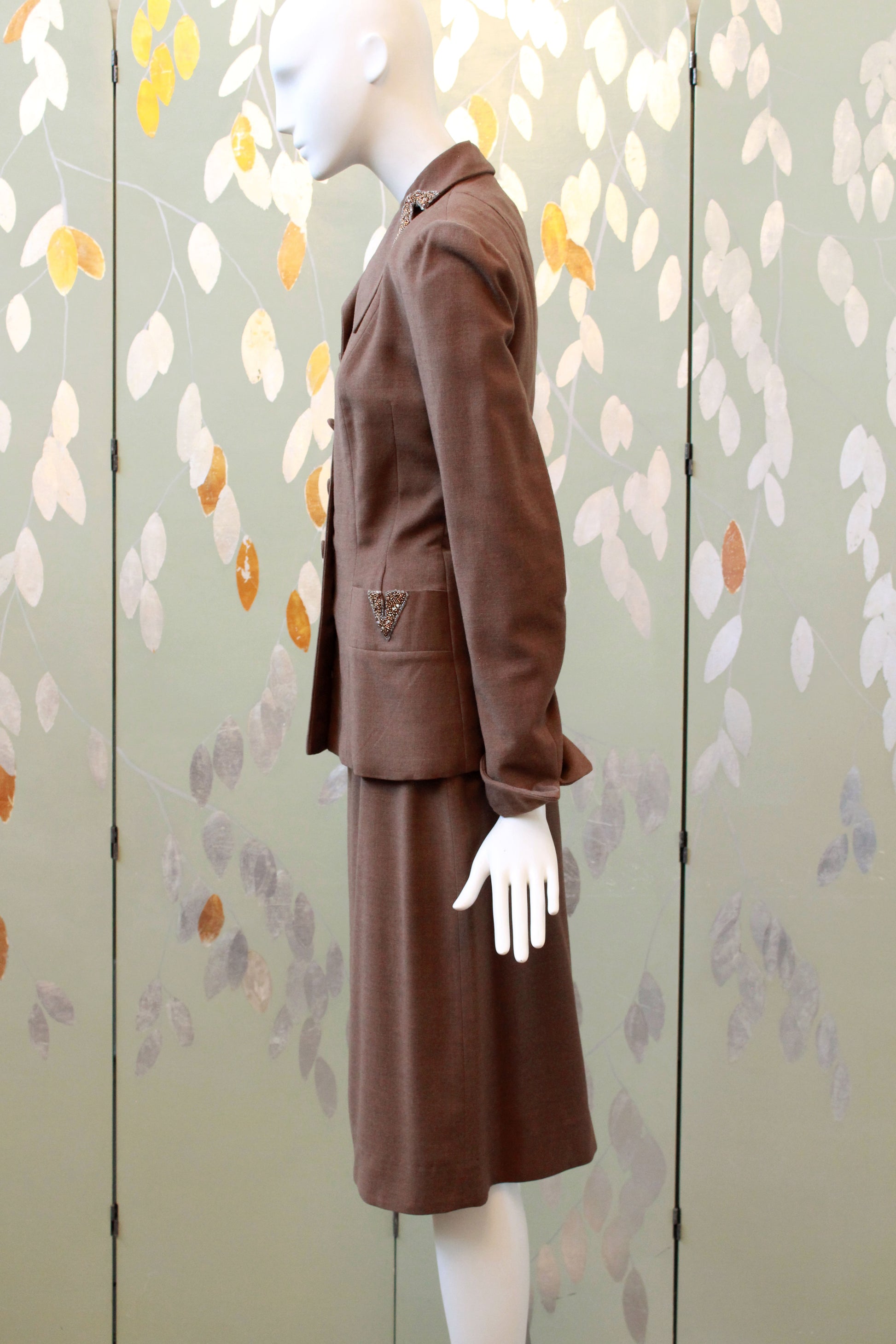 Vintage 1950s Brown Fitted Skirt Suit Set With Beaded Detail, XS