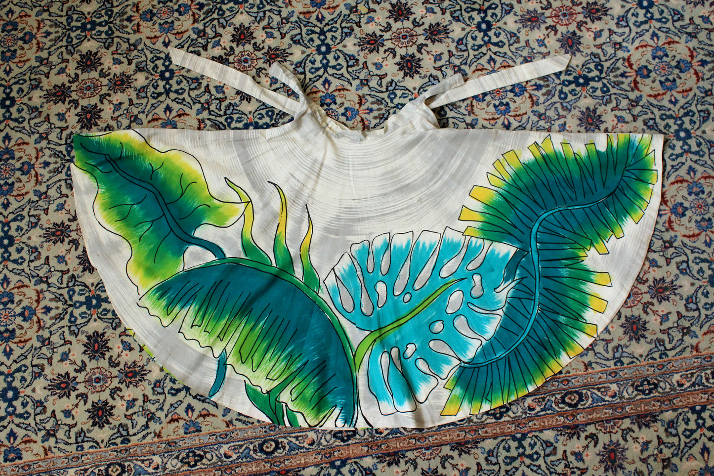 1950s Handpainted Circle Skirt With Tropical Flowers In Blue And Green, S/M