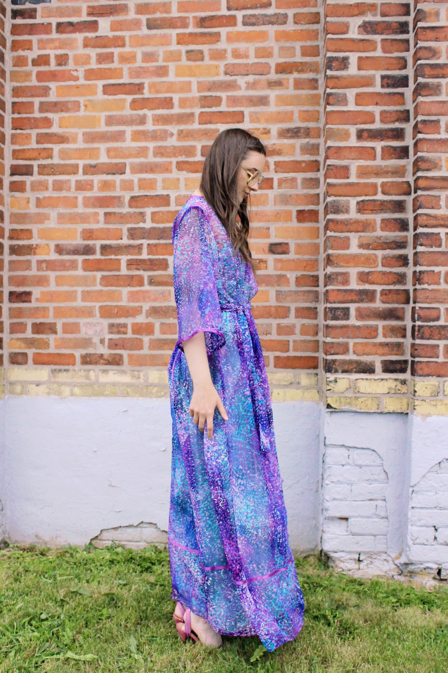Vintage 1970s Purple and Blue Printed Chiffon Maxi Dress, Small