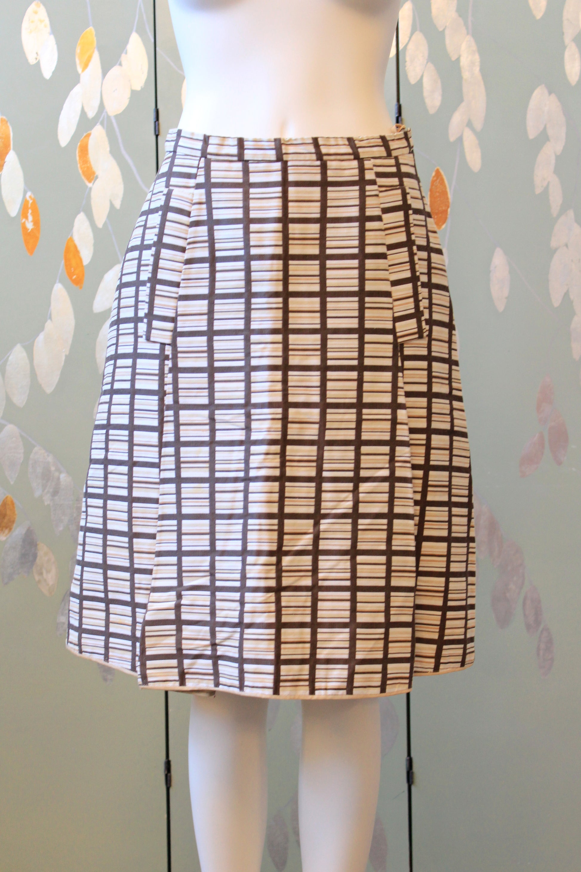 1960s Brown And Beige Geometric Print Skirt Suit Set With Square Buttons, Small