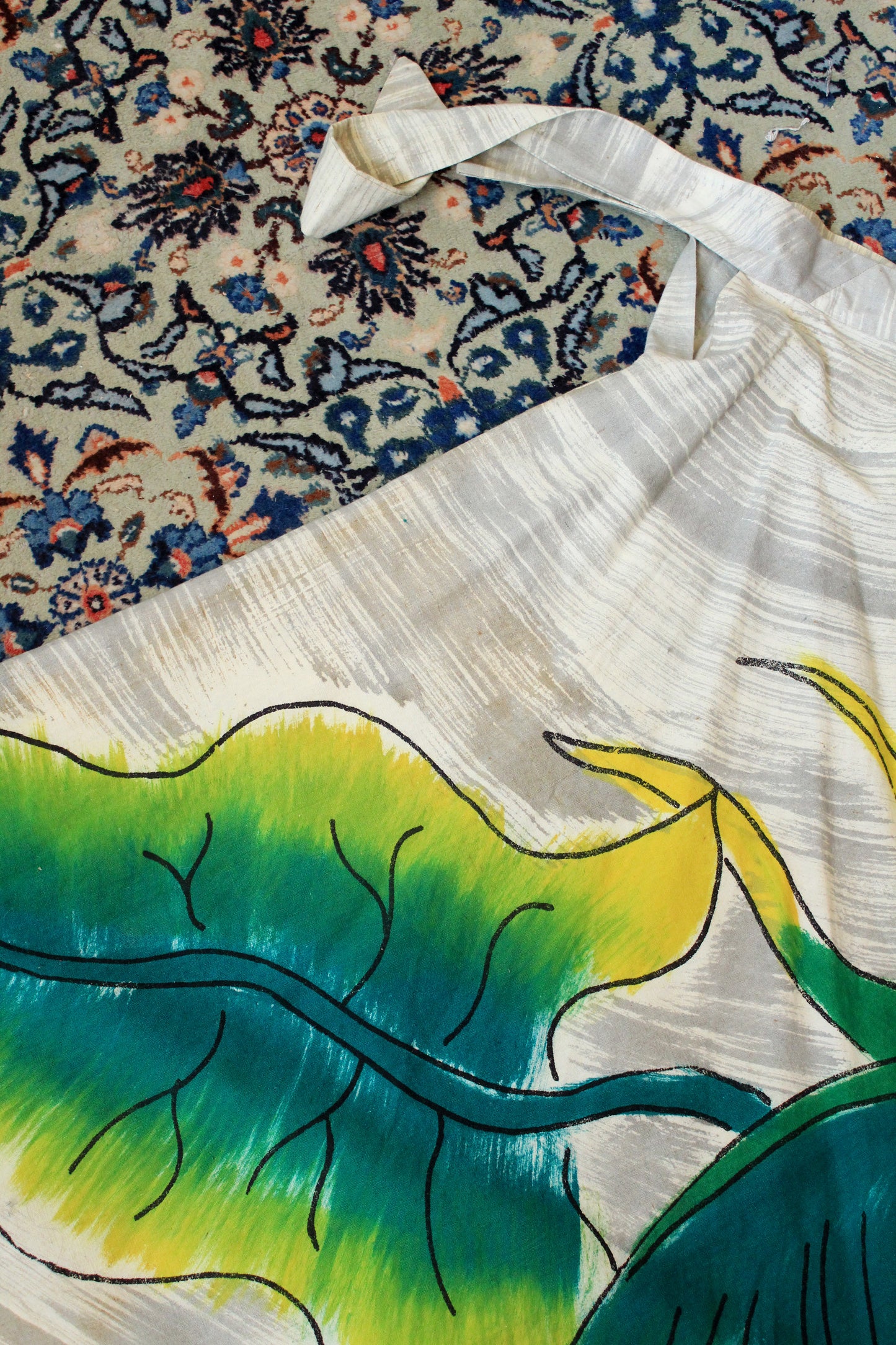 1950s Handpainted Circle Skirt With Tropical Flowers In Blue And Green, S/M