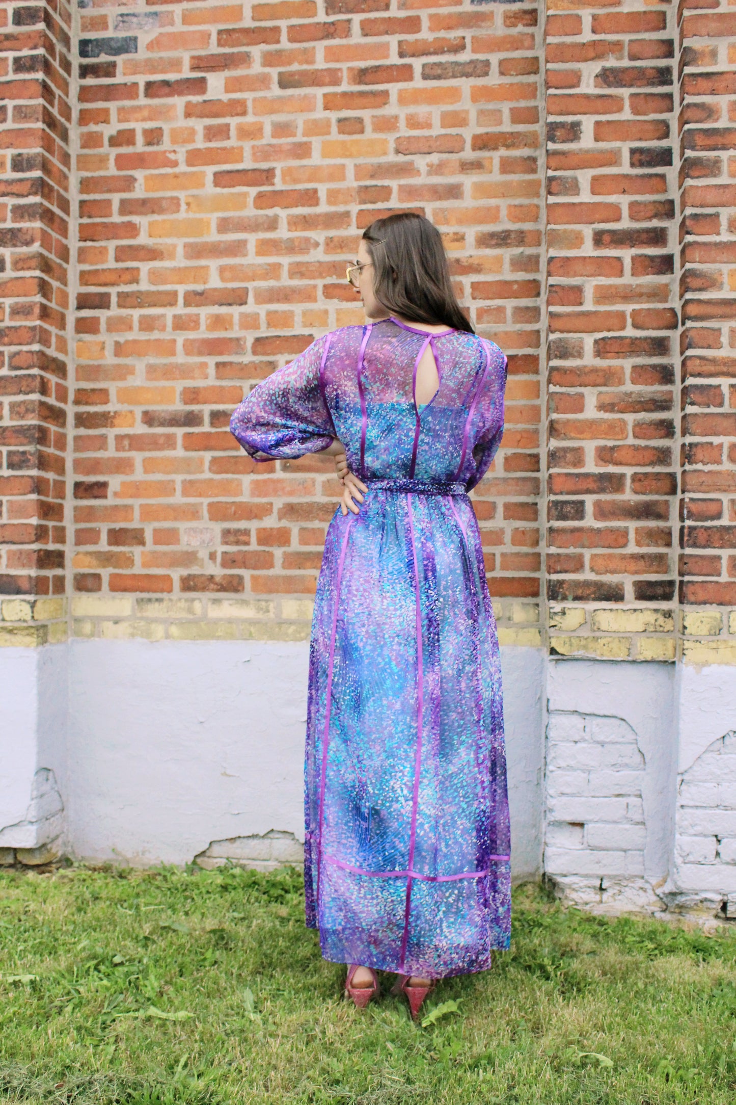Vintage 1970s Purple and Blue Printed Chiffon Maxi Dress, Small