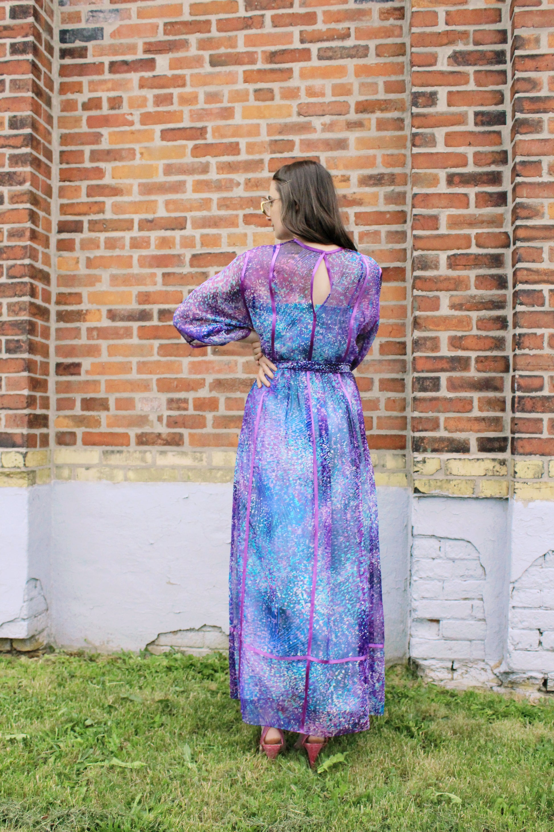 Vintage 1970s Purple and Blue Printed Chiffon Maxi Dress, Small