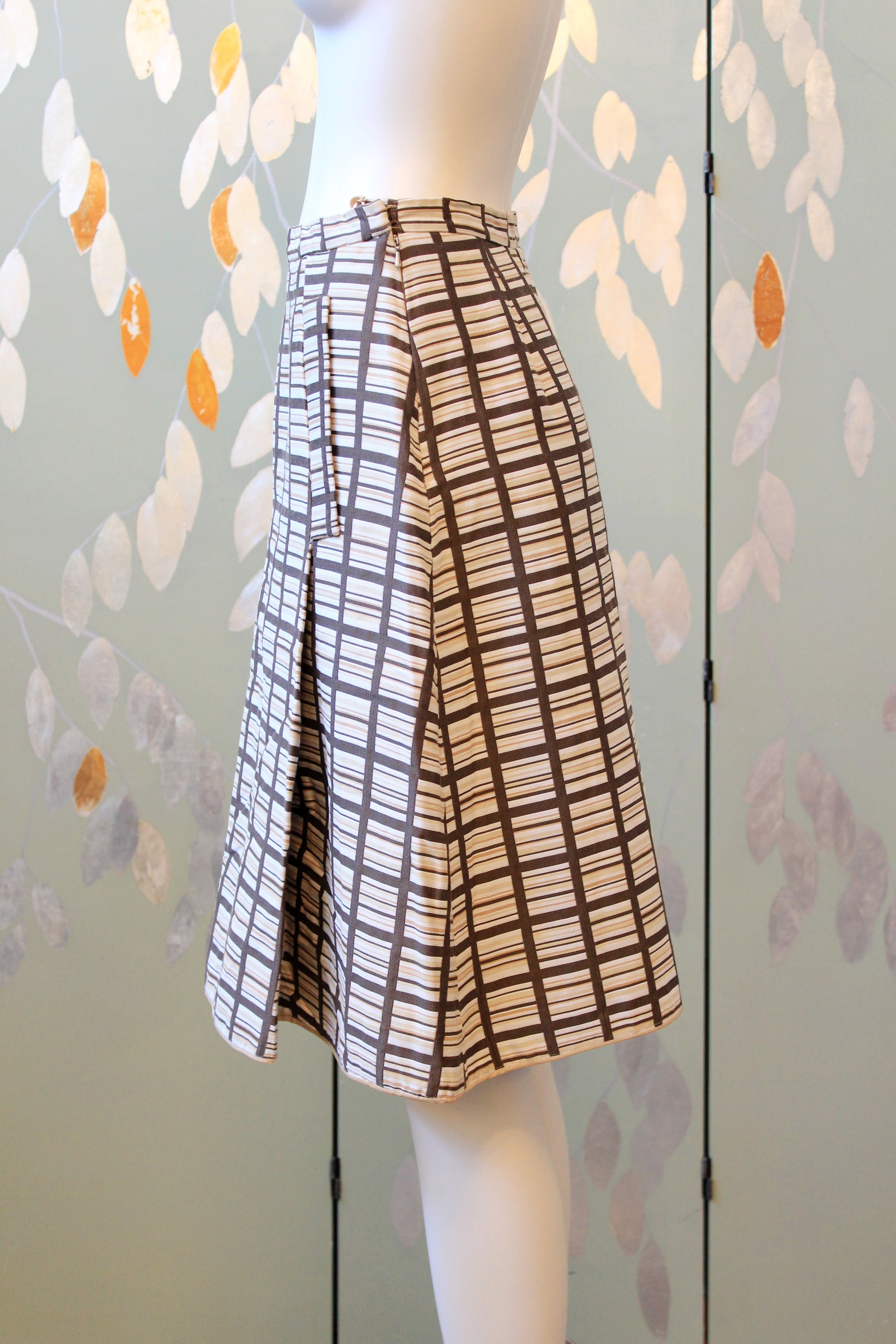 1960s Brown And Beige Geometric Print Skirt Suit Set With Square Buttons, Small