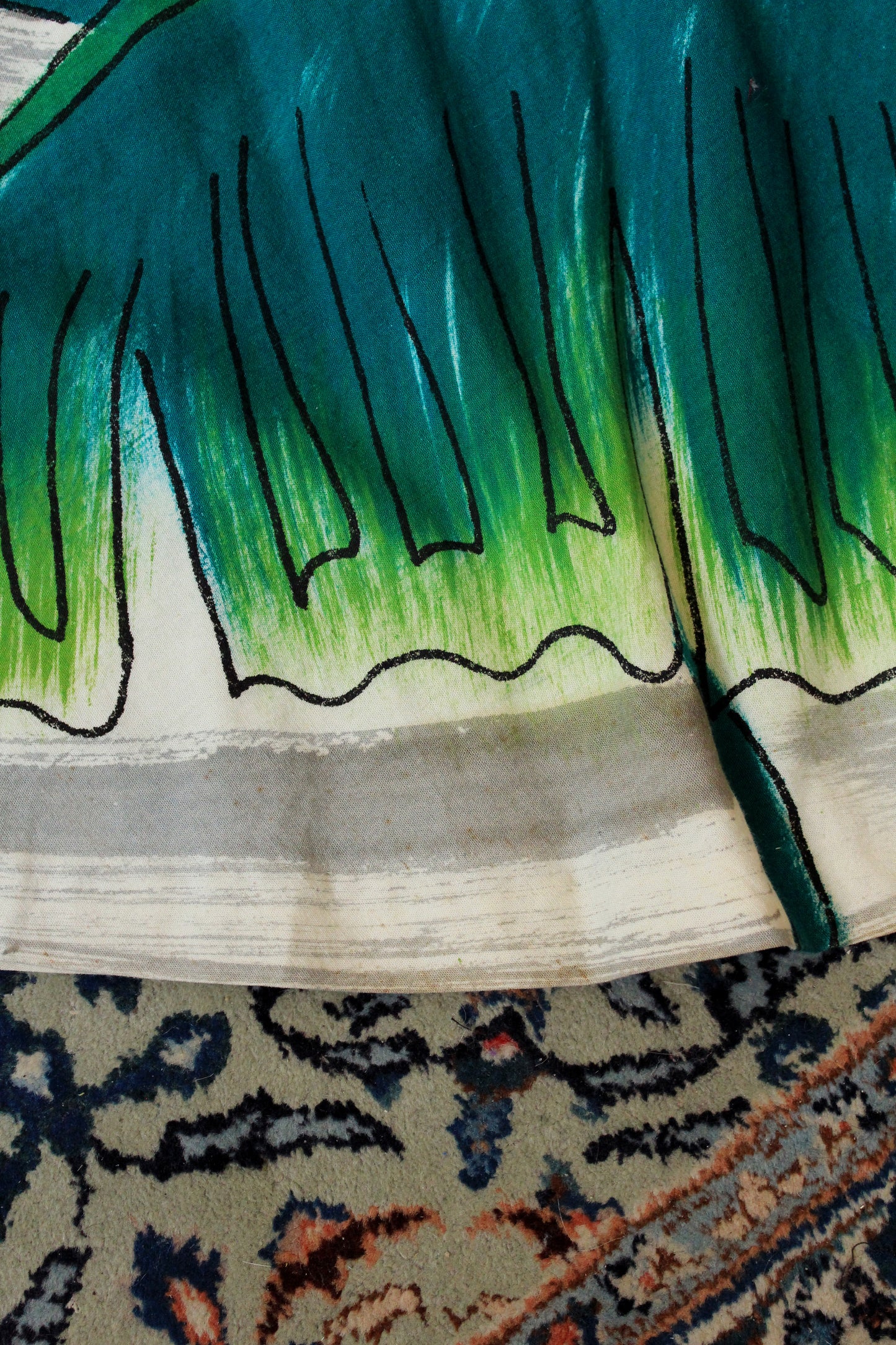 1950s Handpainted Circle Skirt With Tropical Flowers In Blue And Green, S/M