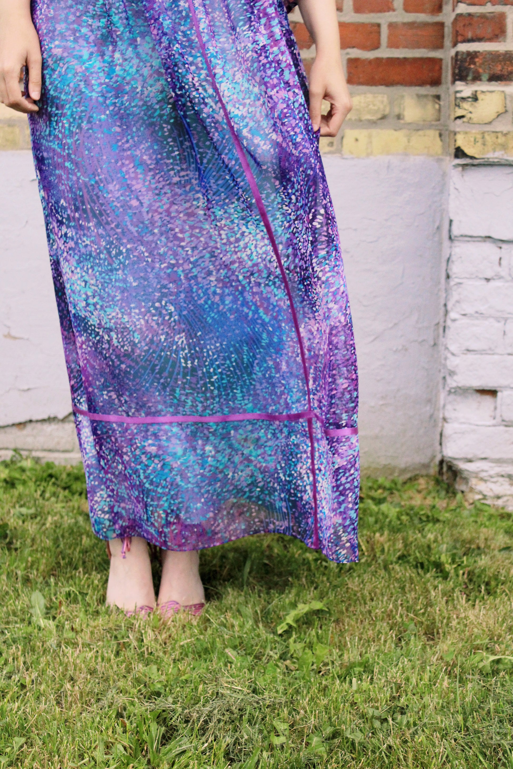 Vintage 1970s Purple and Blue Printed Chiffon Maxi Dress, Small