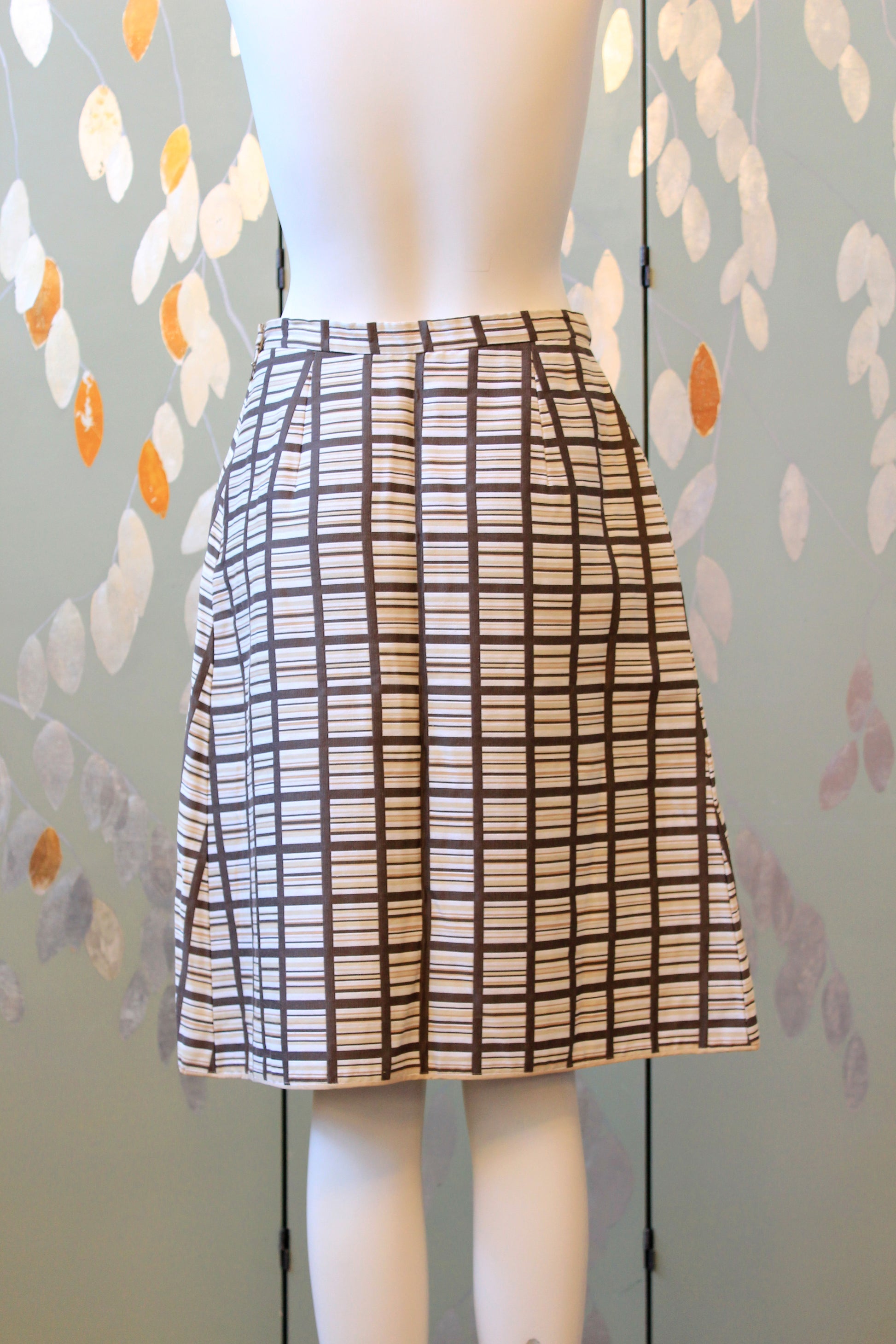 1960s Brown And Beige Geometric Print Skirt Suit Set With Square Buttons, Small