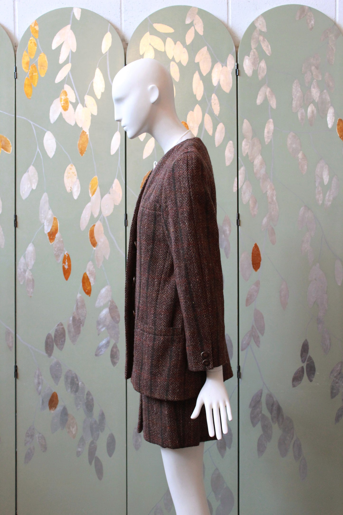 1980s Krizia Brown/Plum Plaid Wool Skirt Suit Set, XS