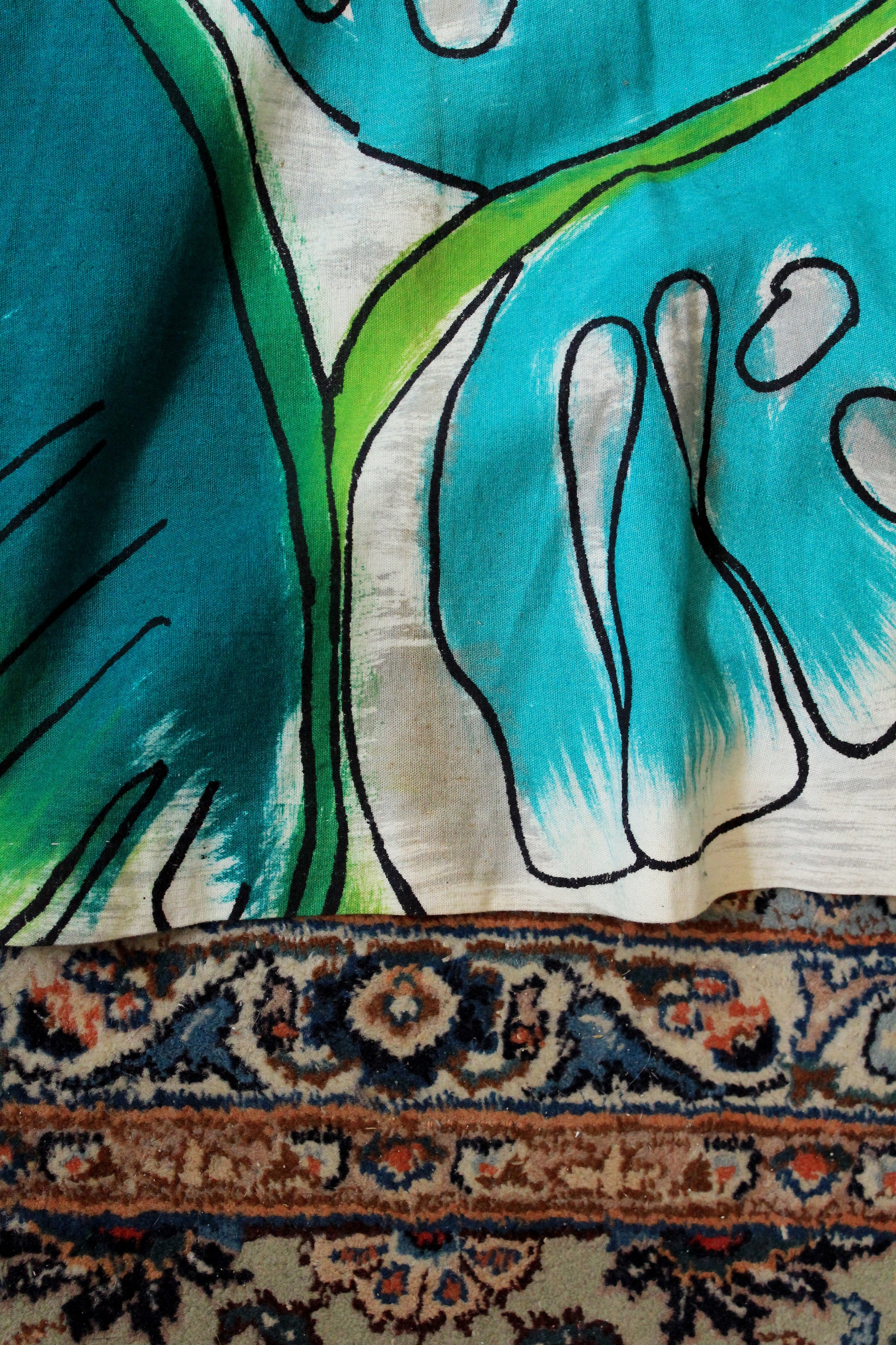 1950s Handpainted Circle Skirt With Tropical Flowers In Blue And Green, S/M