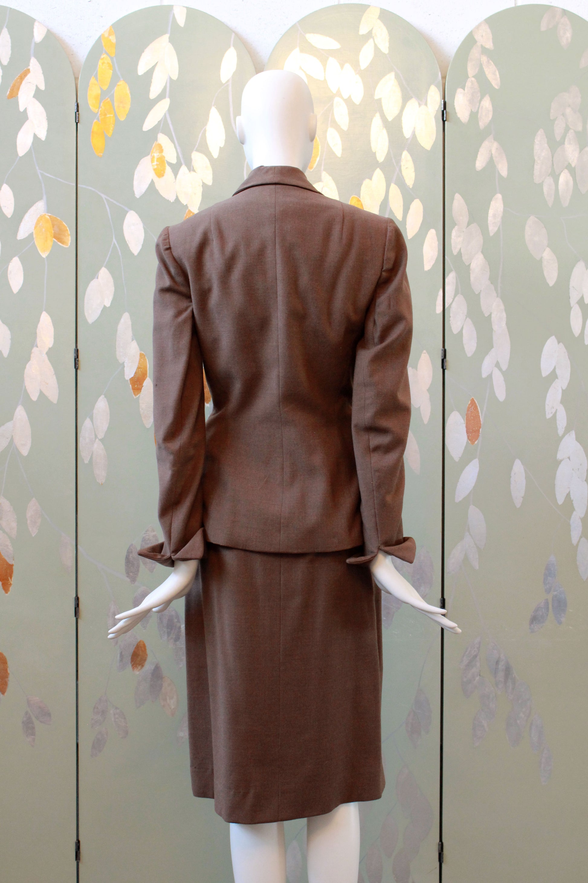 Vintage 1950s Brown Fitted Skirt Suit Set With Beaded Detail, XS