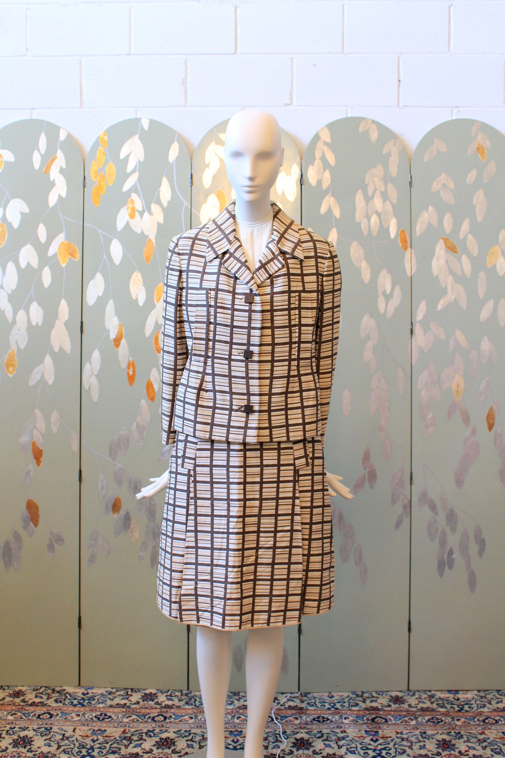 1960s Brown And Beige Geometric Print Skirt Suit Set With Square Buttons, Small