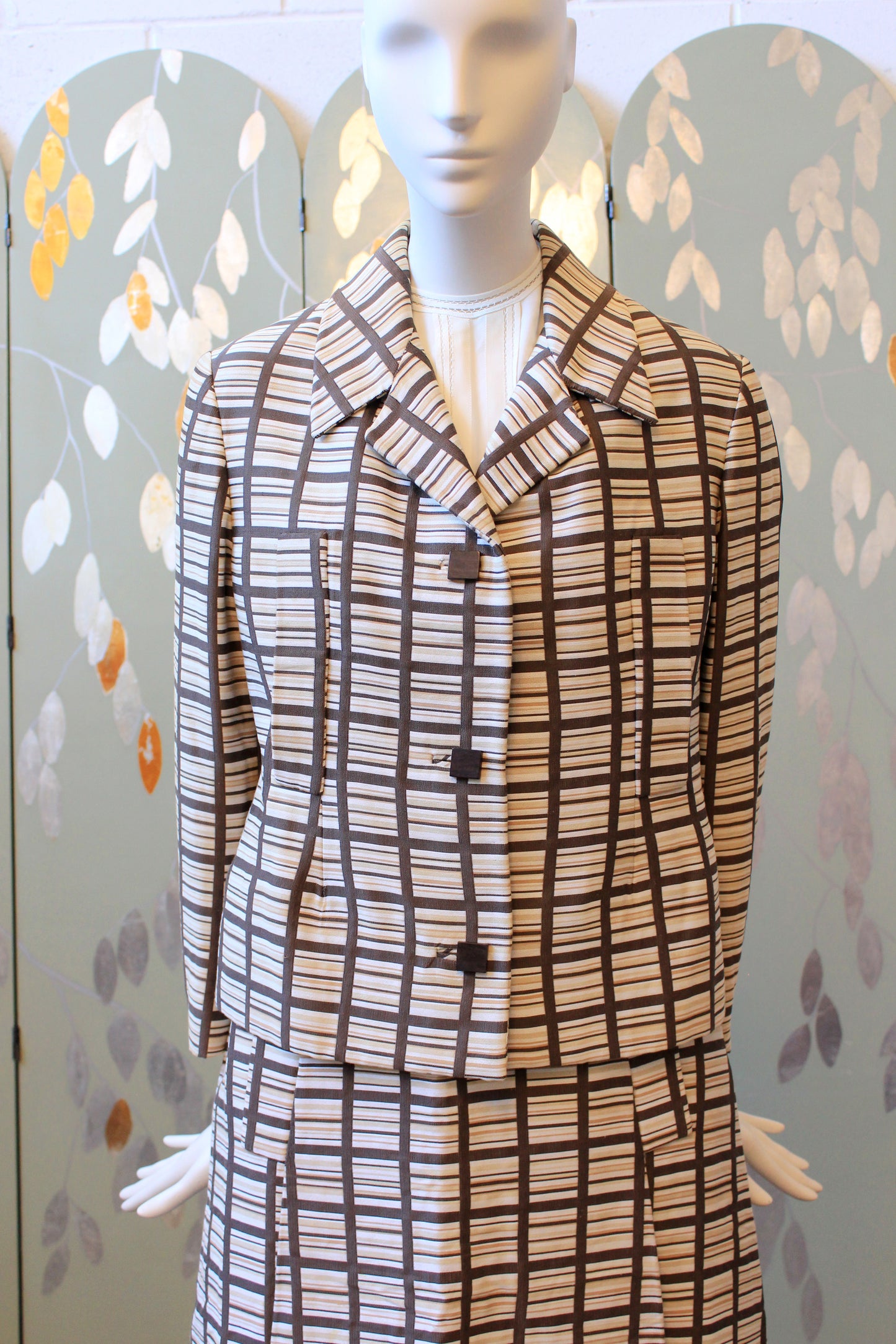1960s Brown And Beige Geometric Print Skirt Suit Set With Square Buttons, Small