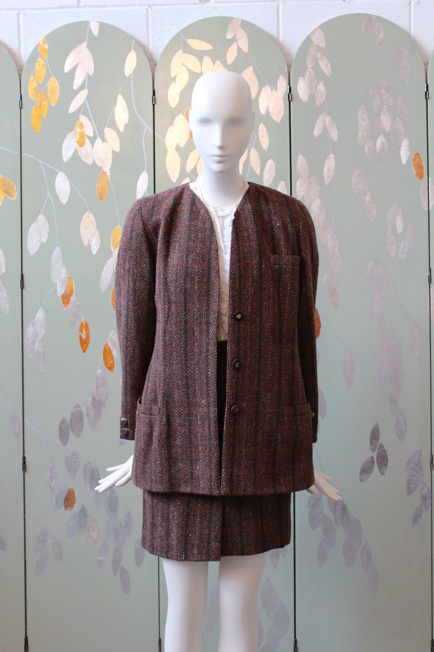 1980s Krizia Brown/Plum Plaid Wool Skirt Suit Set, XS