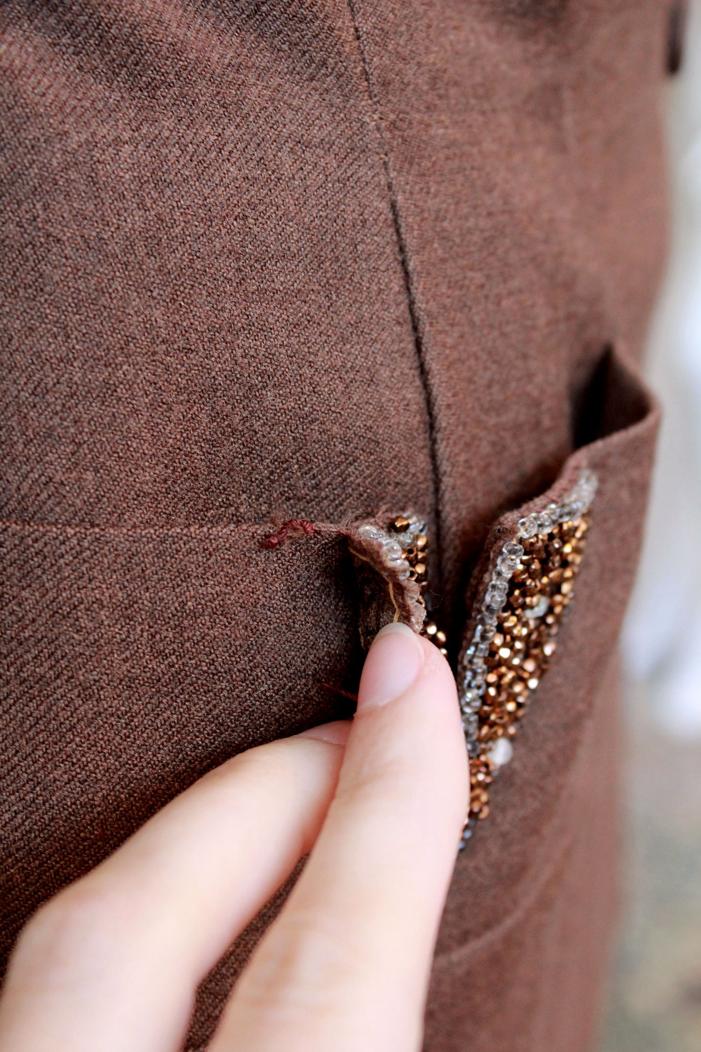 Vintage 1950s Brown Fitted Skirt Suit Set With Beaded Detail, XS