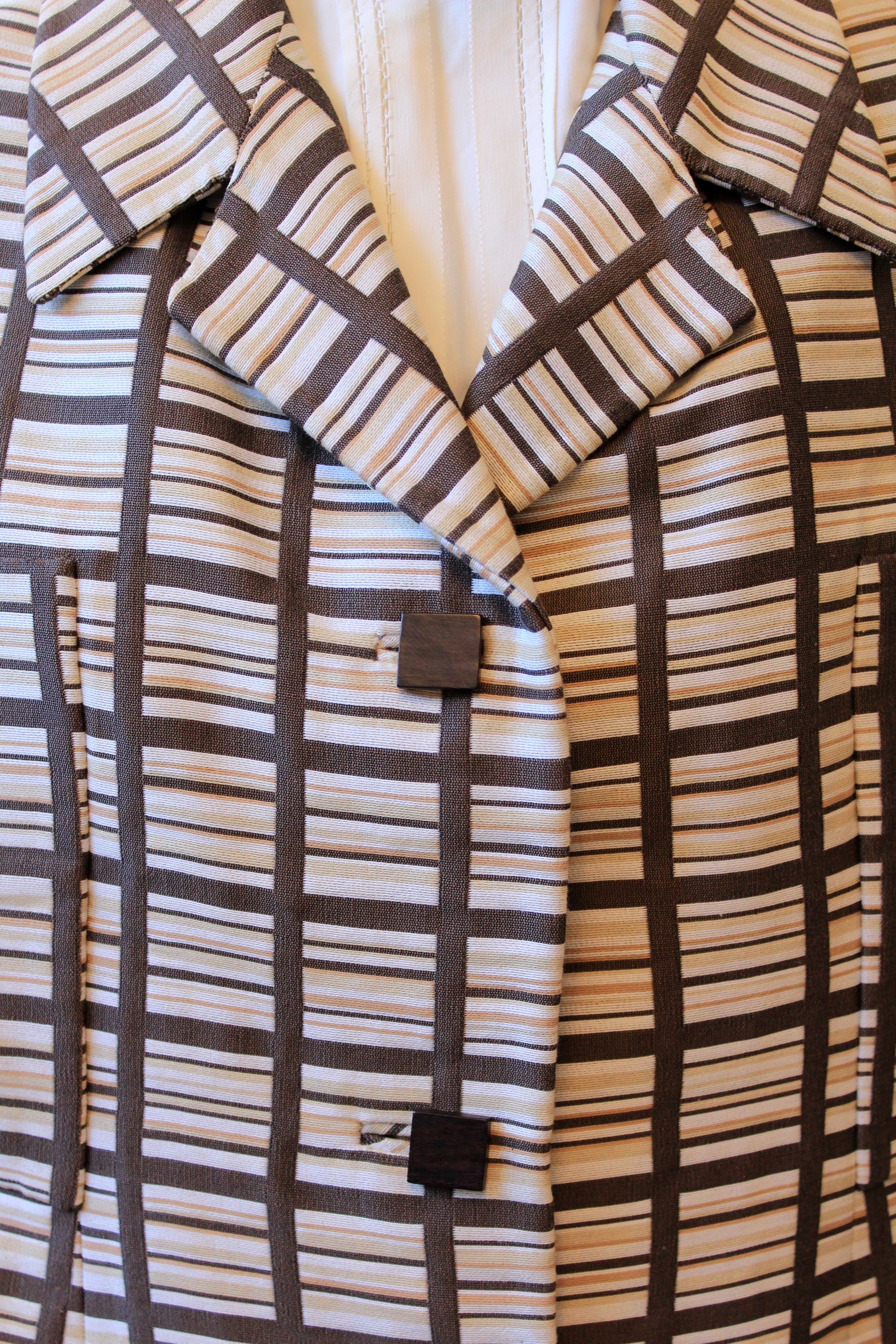 1960s Brown And Beige Geometric Print Skirt Suit Set With Square Buttons, Small