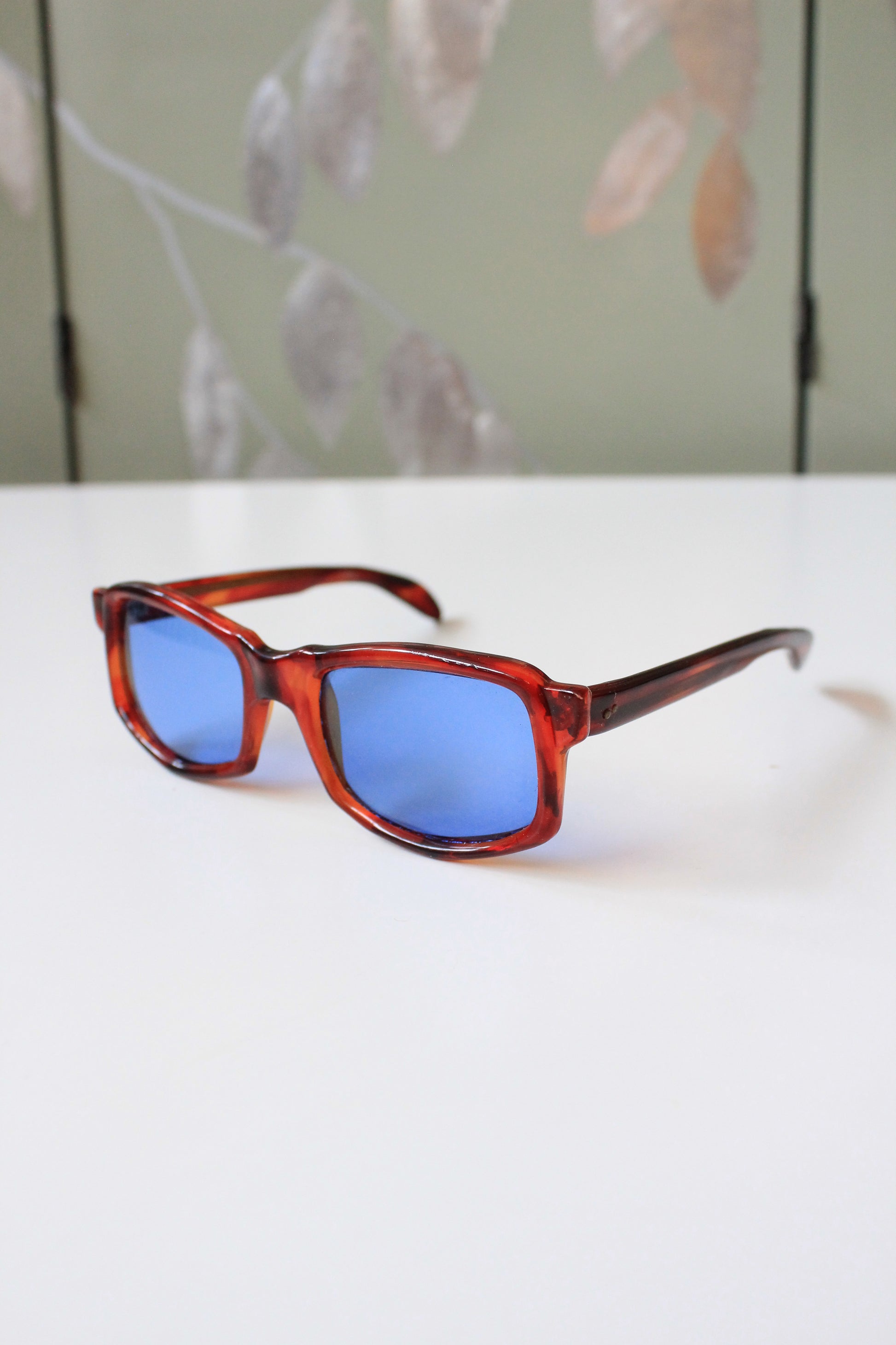 1960s Brown Rectangular Sunglasses with Blue lenses