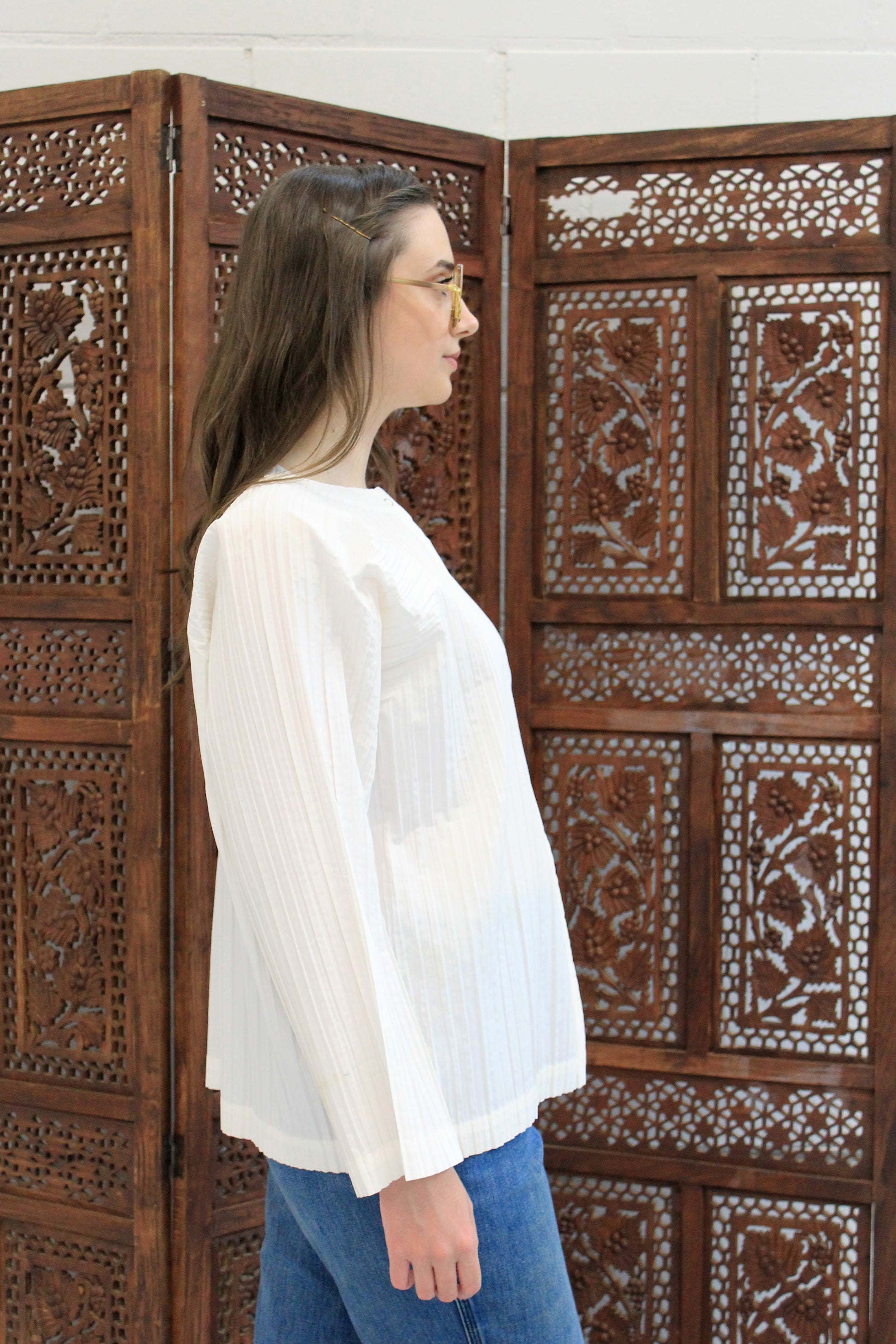 Vintage 1980s Issey Miyake White Pleated Snap Front Shirt, Medium