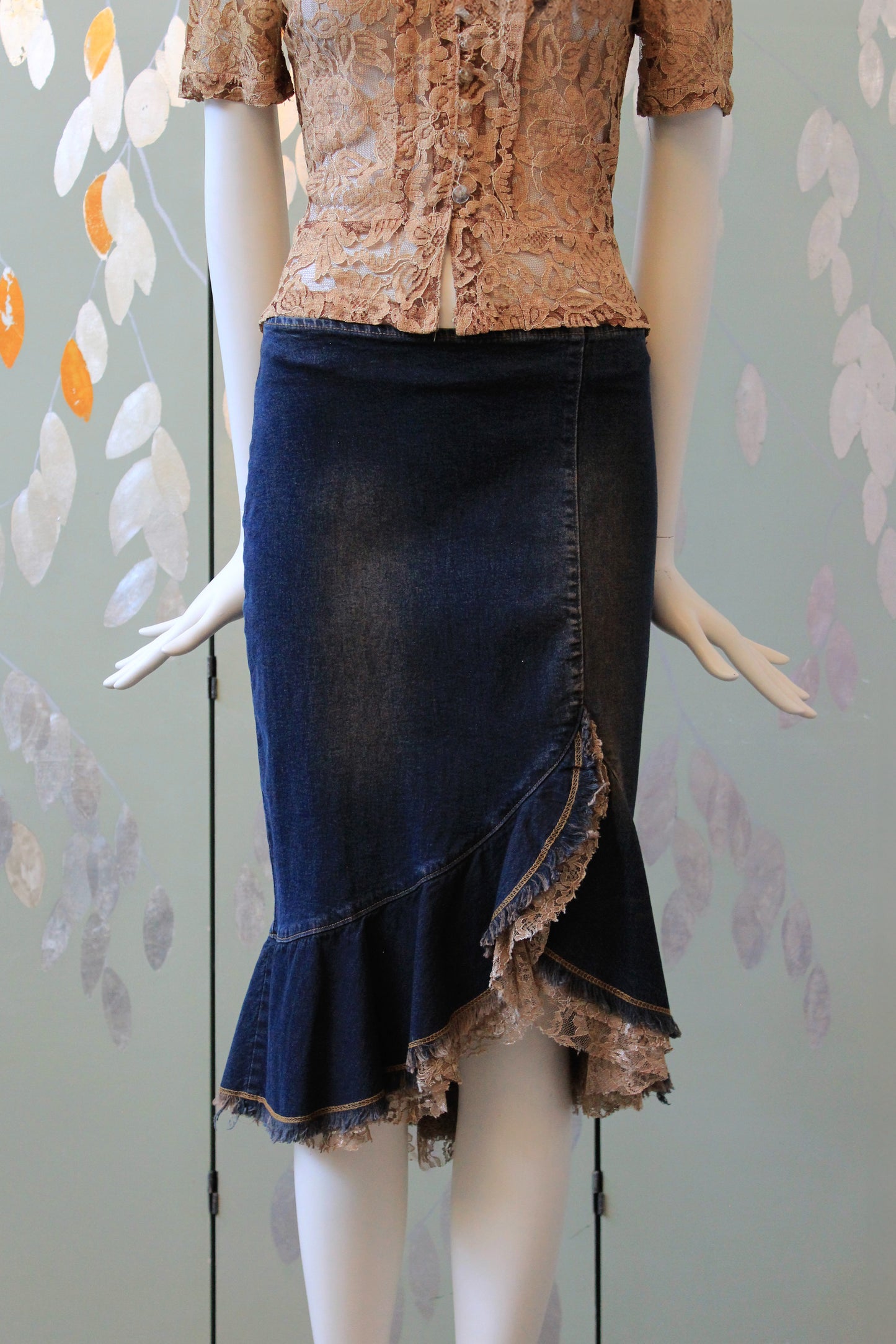 Early 2000 Denim Skirt With Lace Waterfall Hem , Large 