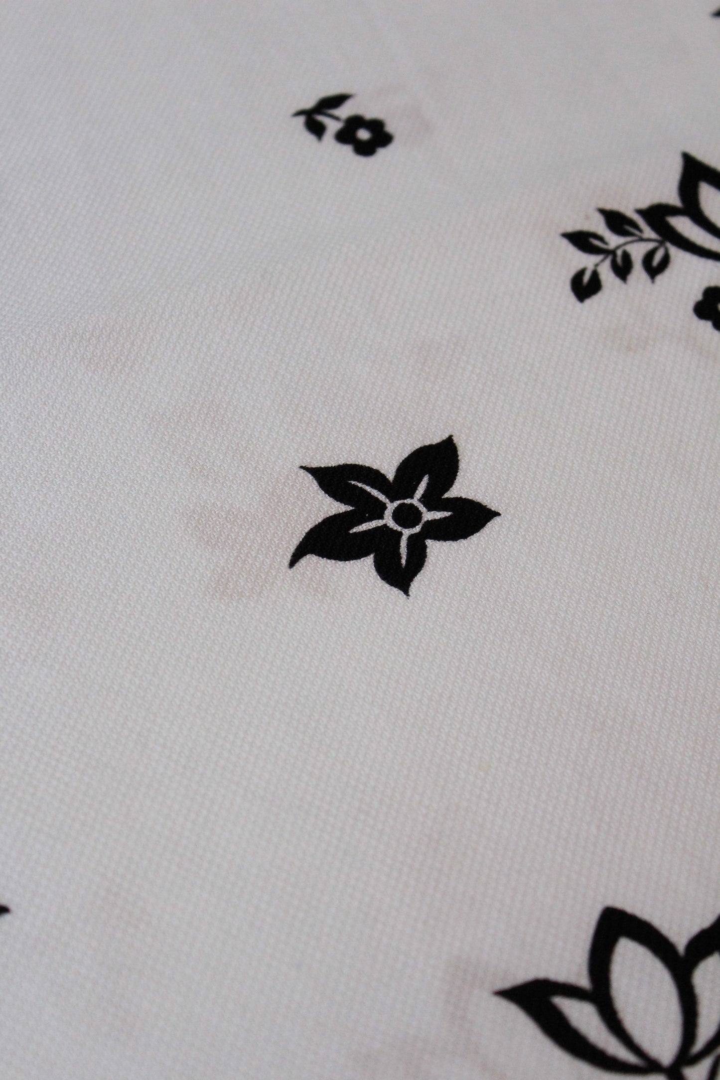 1980s Black And White Large Illustrated Floral Border Print Fabric, 3.9 Yards