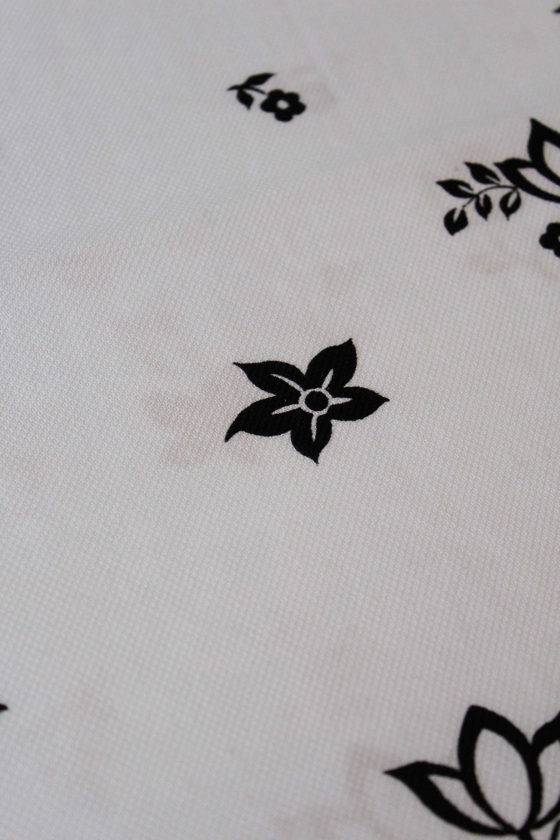 1980s Black And White Large Illustrated Floral Border Print Fabric, 3.9 Yards