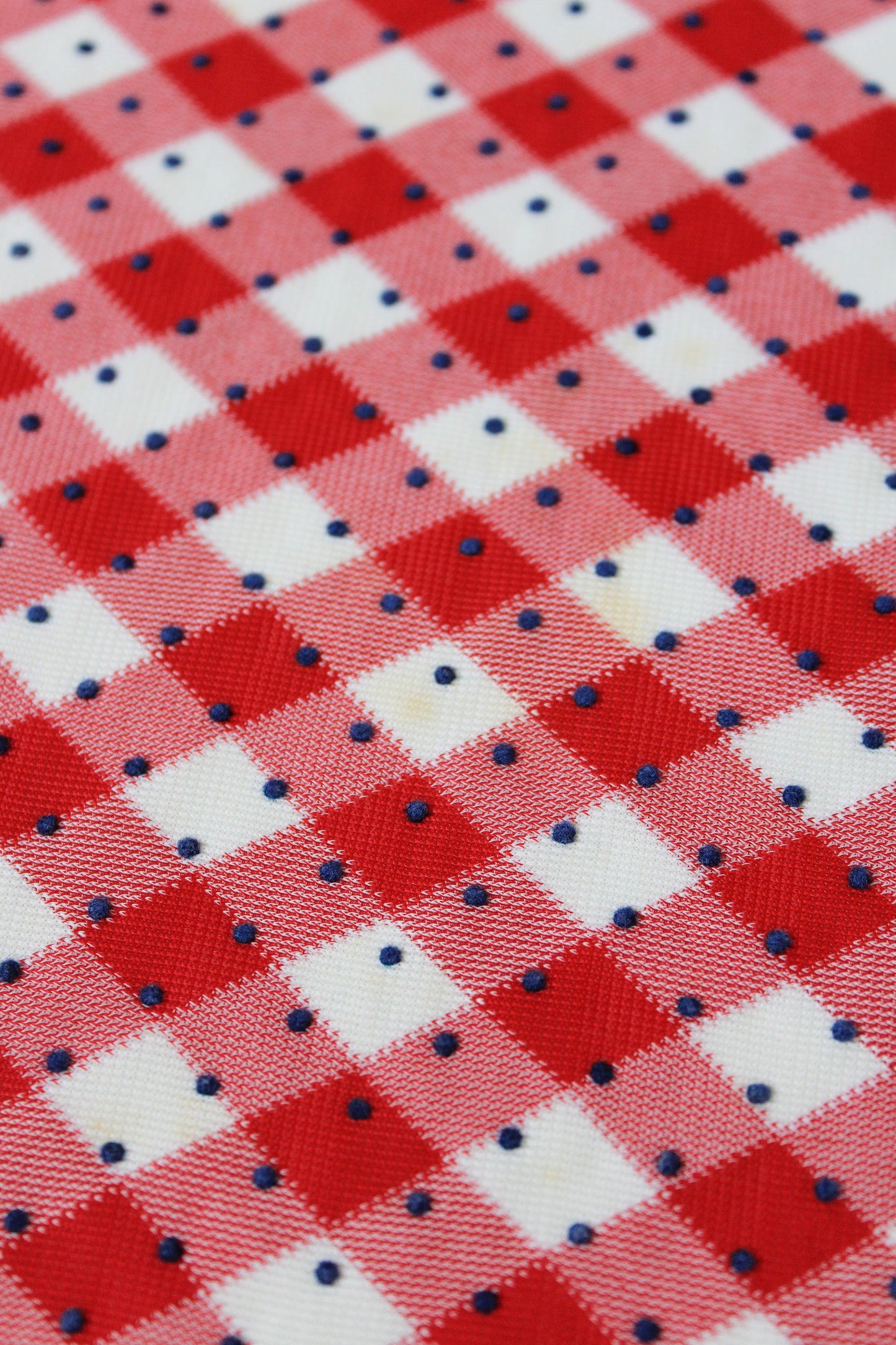 1960s Red And White Checkered Plaid With Blue Polka Dots Nylon Vintage Print Fabric, 3.8 Yards