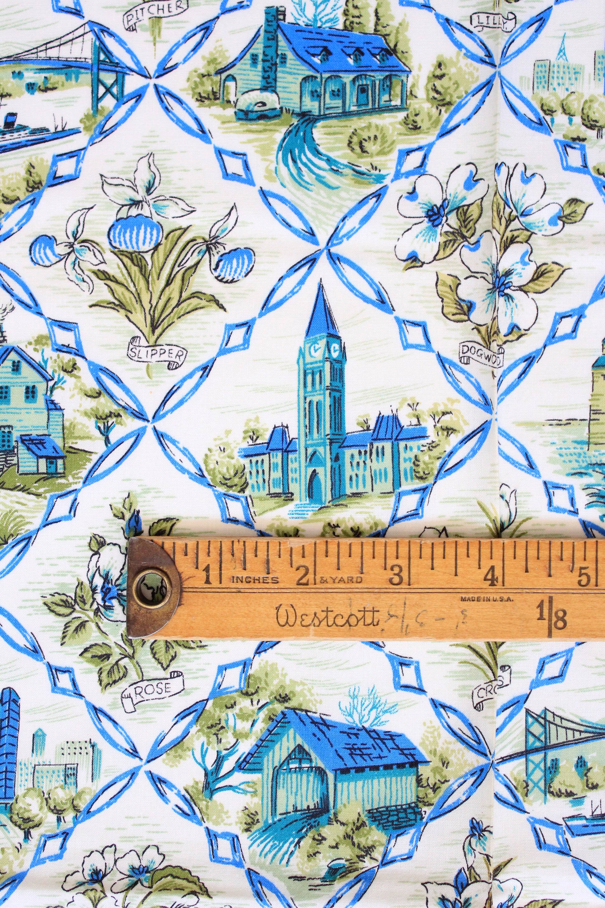 1960s Green And Blue Cotton Sewing Fabric With Flowers And Architecture, 6 + 2 Yards