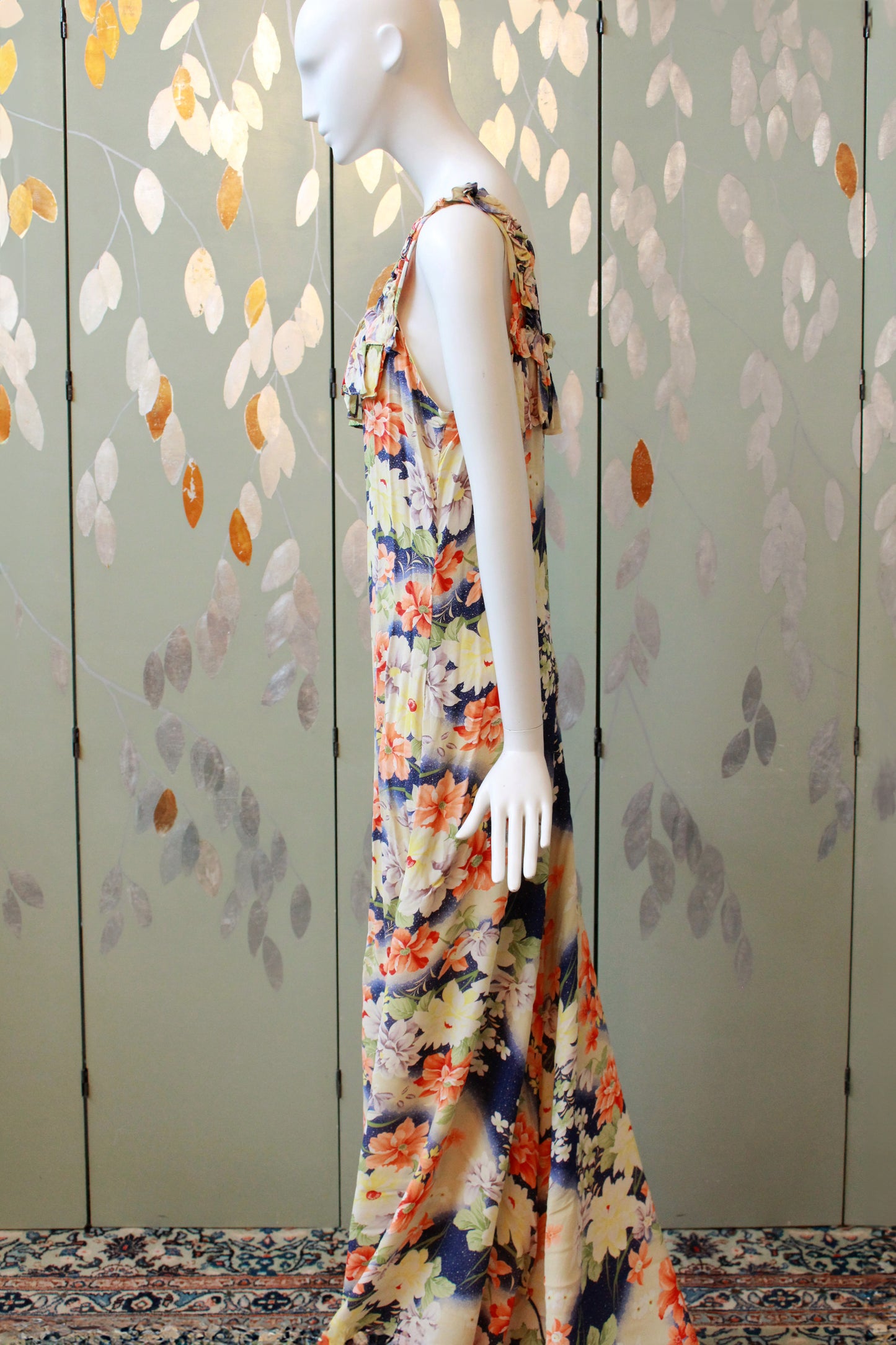 1930s Bias Cut Yellow And Orange Floral Gown With Train, Small