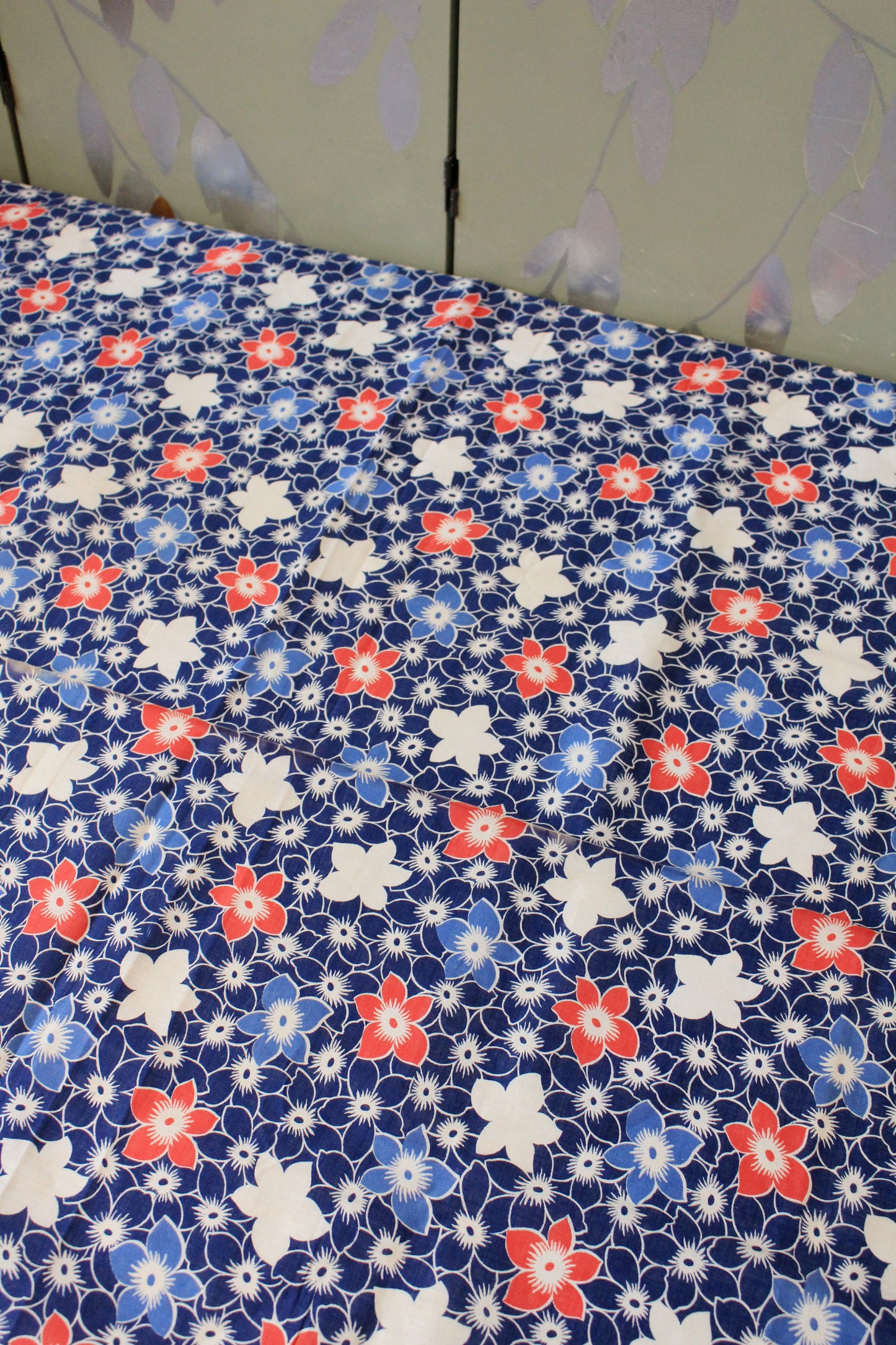 1940s Blue/White/Orange Repeating Flower Cotton Fabric, 6.75 Yards