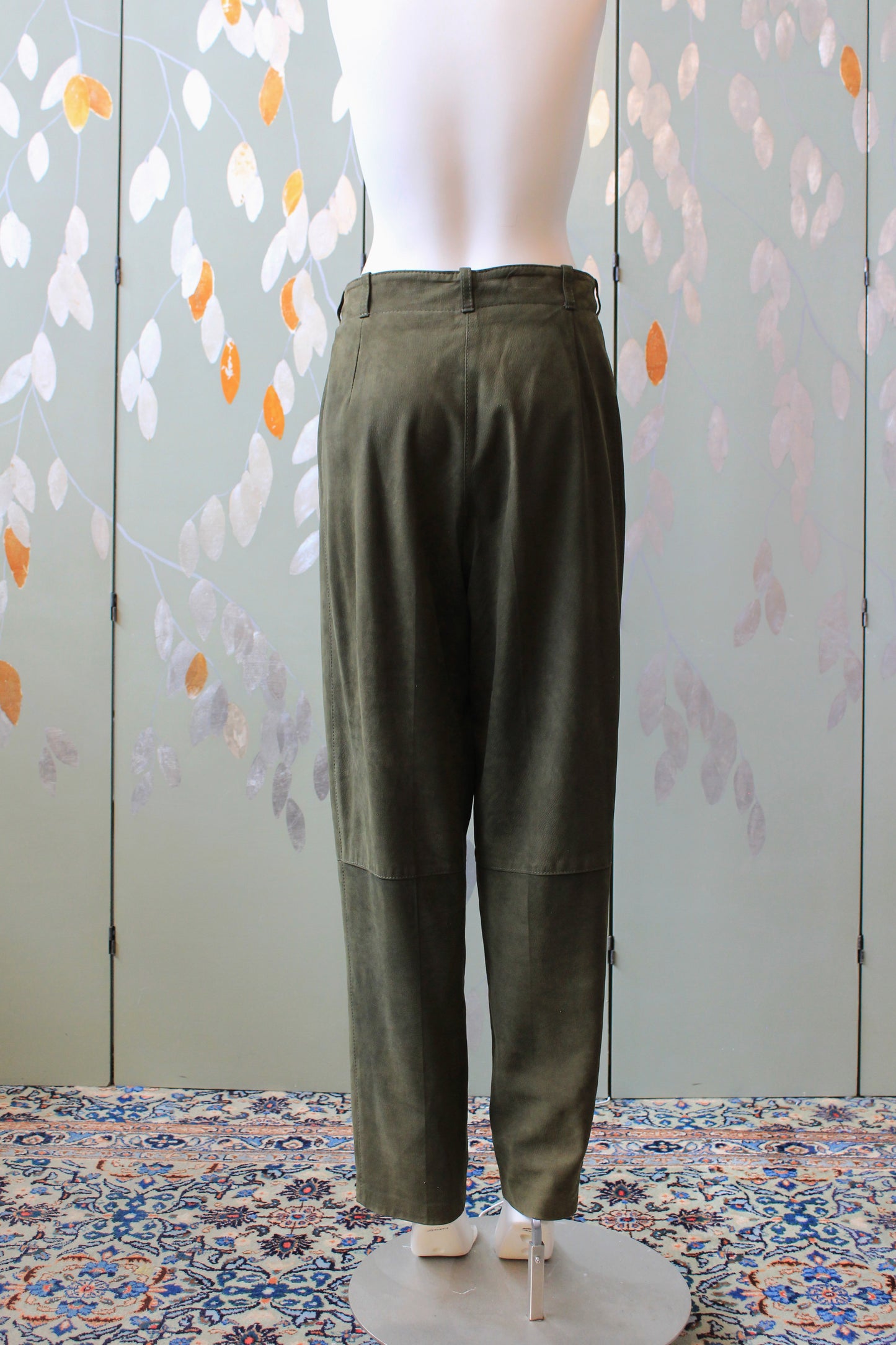 1980s Leather Paperbag Style Pants In Olive Green, Medium
