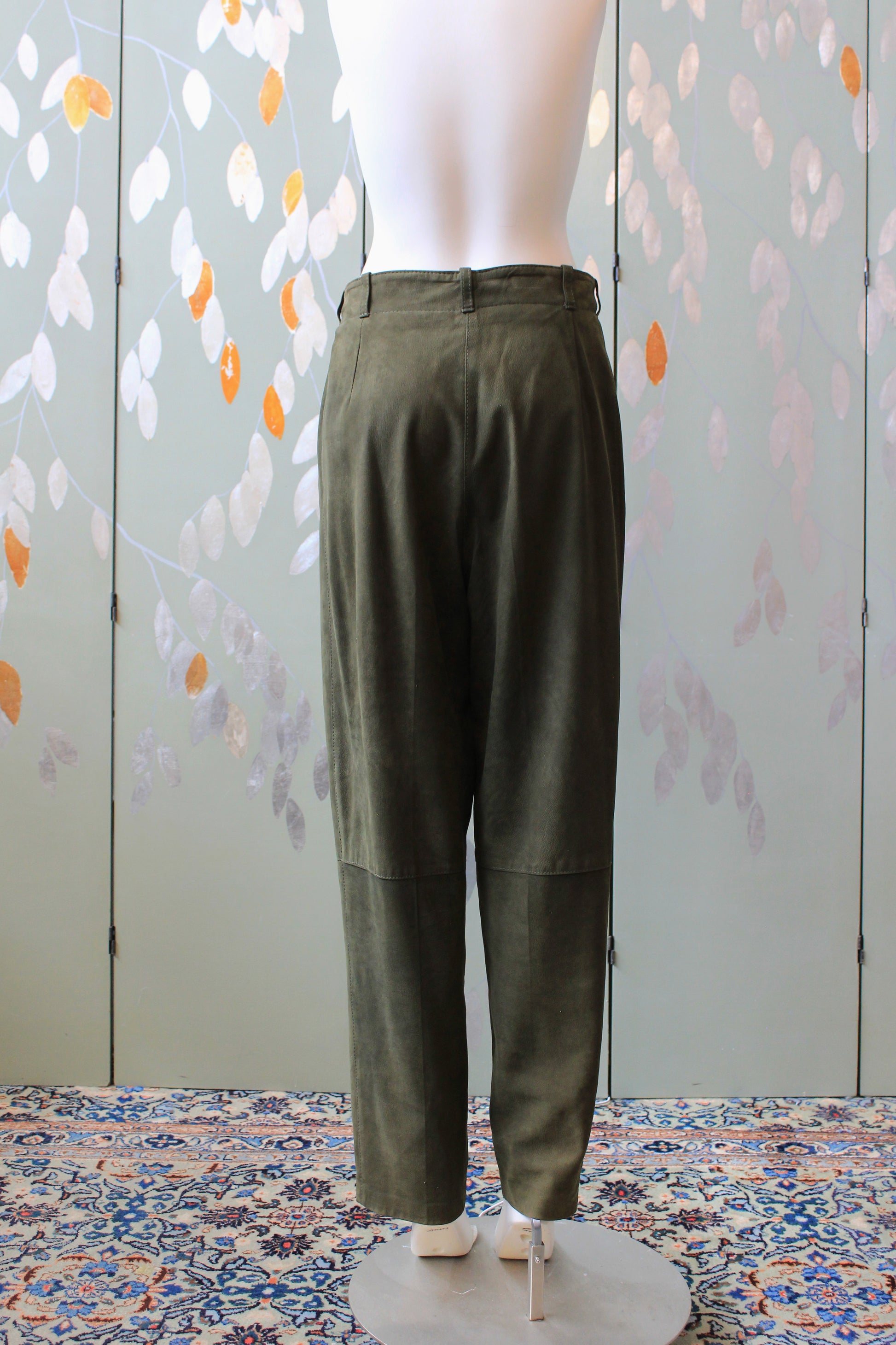 1980s Leather Paperbag Style Pants In Olive Green, Medium