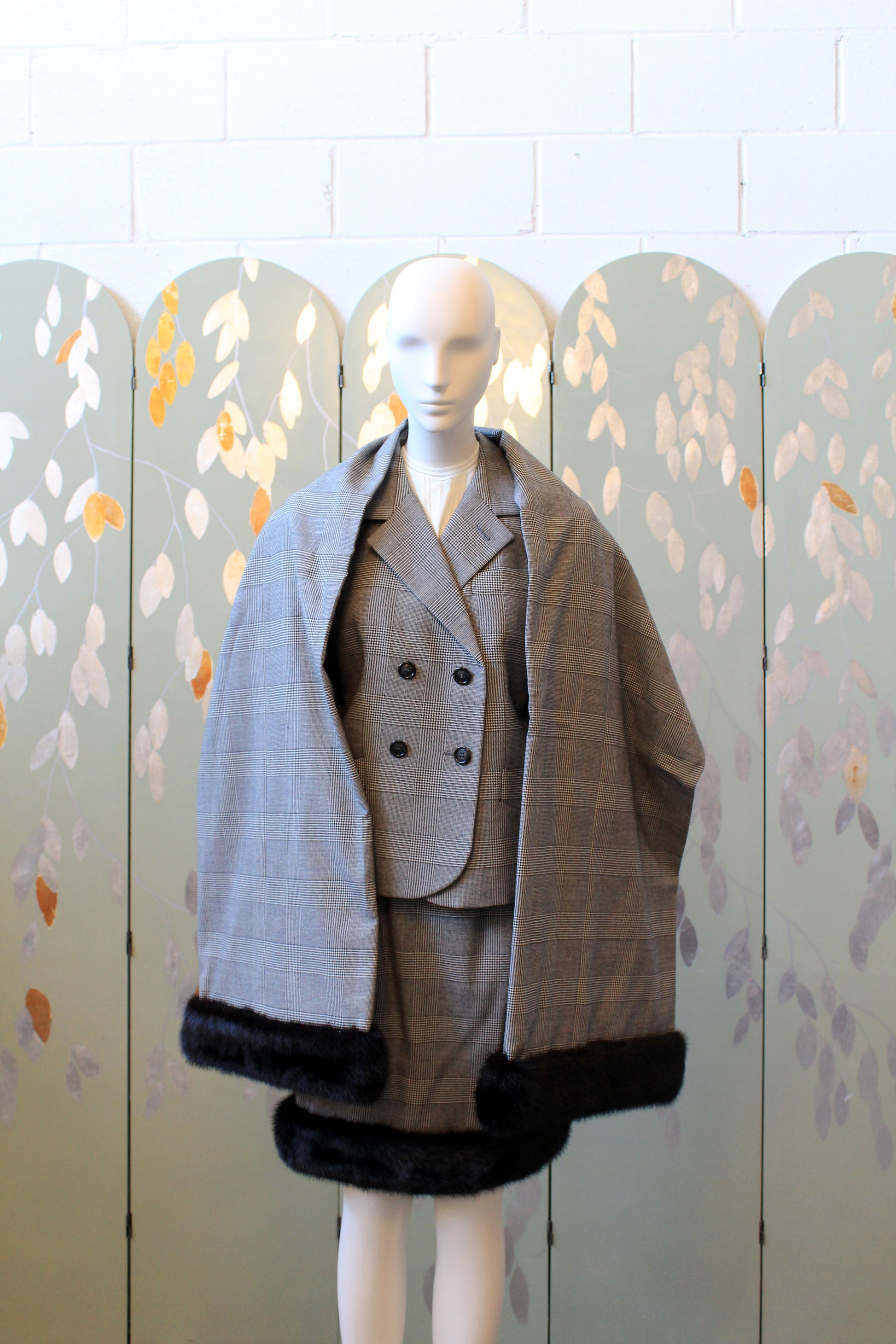 1990s Lily Simon 3PC Houndstooth Fur Trim Skirt Set With Scarf, Small