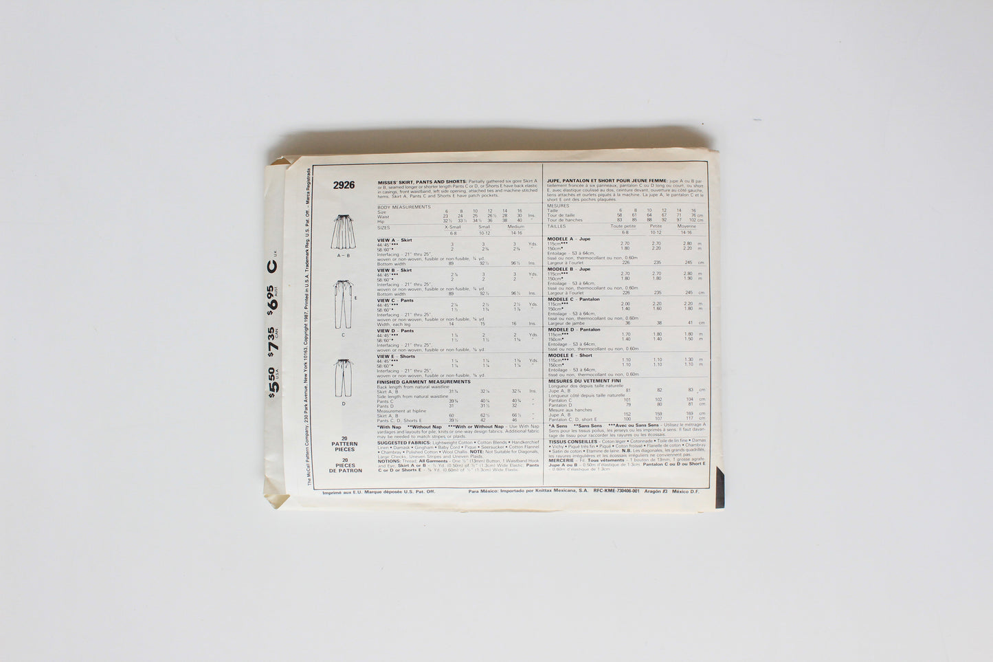 1980s Casual Skirt, Pants And Shorts Easy McCall's 2926 Sewing Pattern, Miss, Uncut Size 6-8