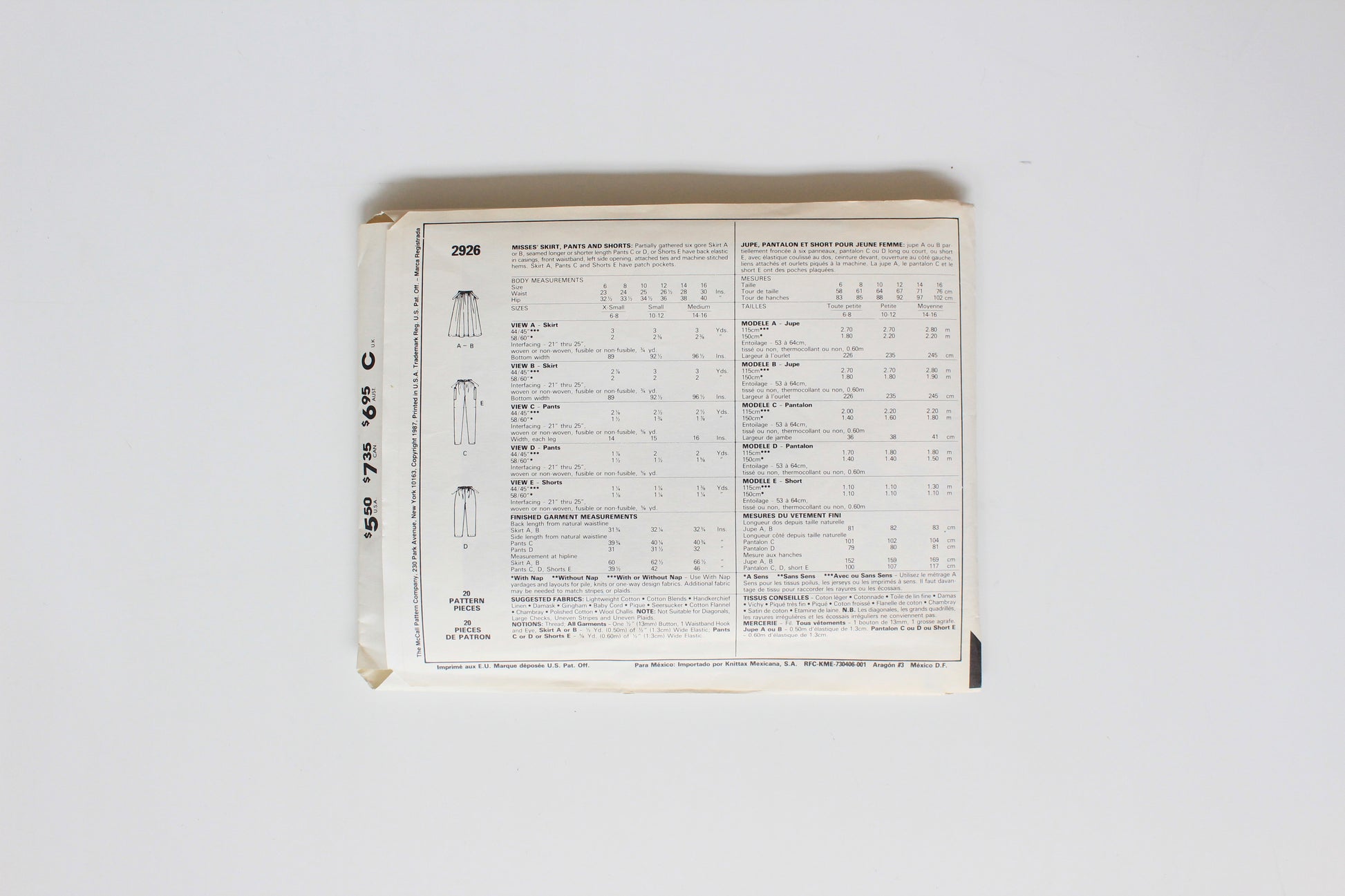 1980s Casual Skirt, Pants And Shorts Easy McCall's 2926 Sewing Pattern, Miss, Uncut Size 6-8