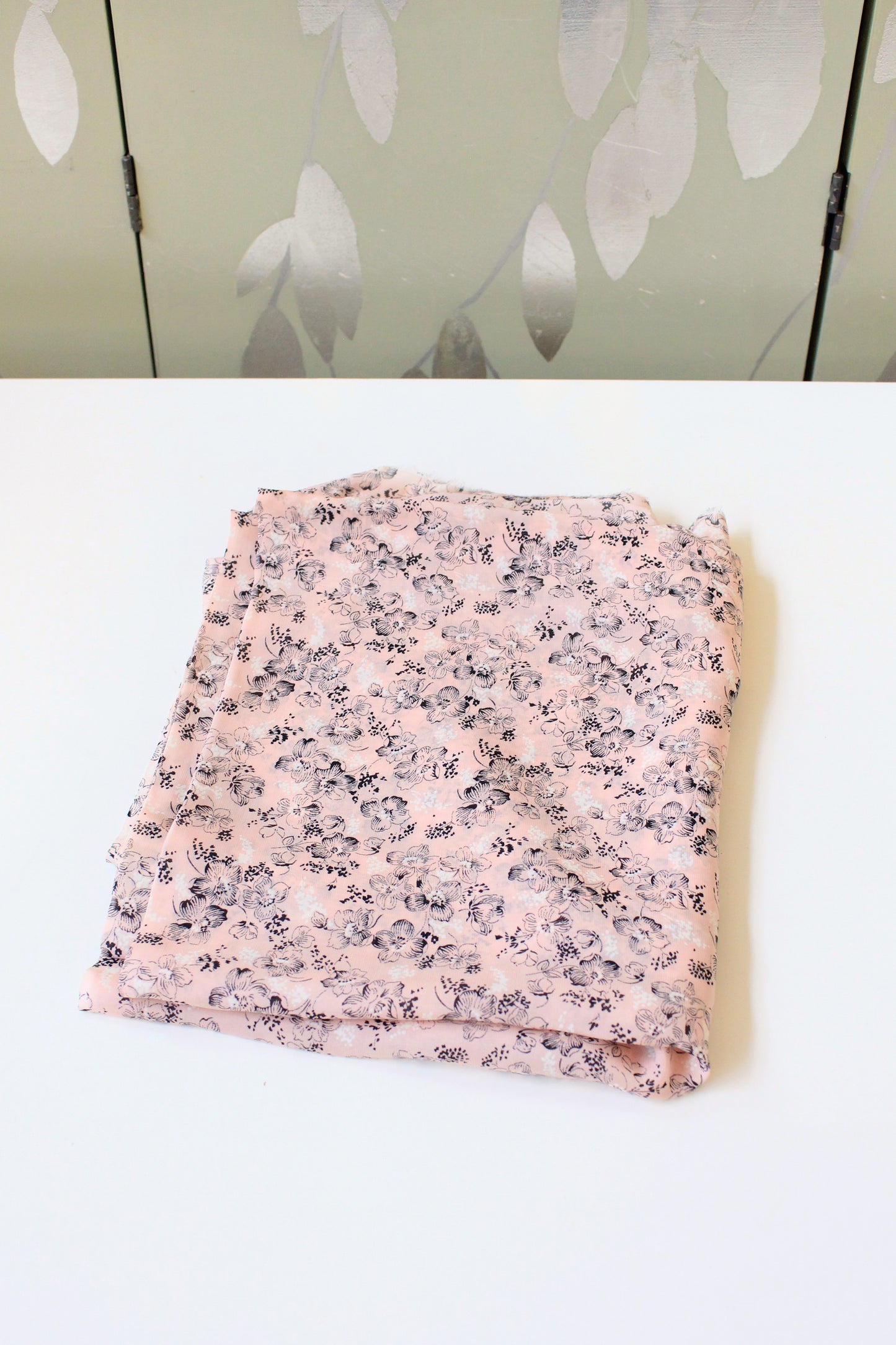 1940s Pink With Black And White Flowers Rayon Fabric, 3.5 Yards