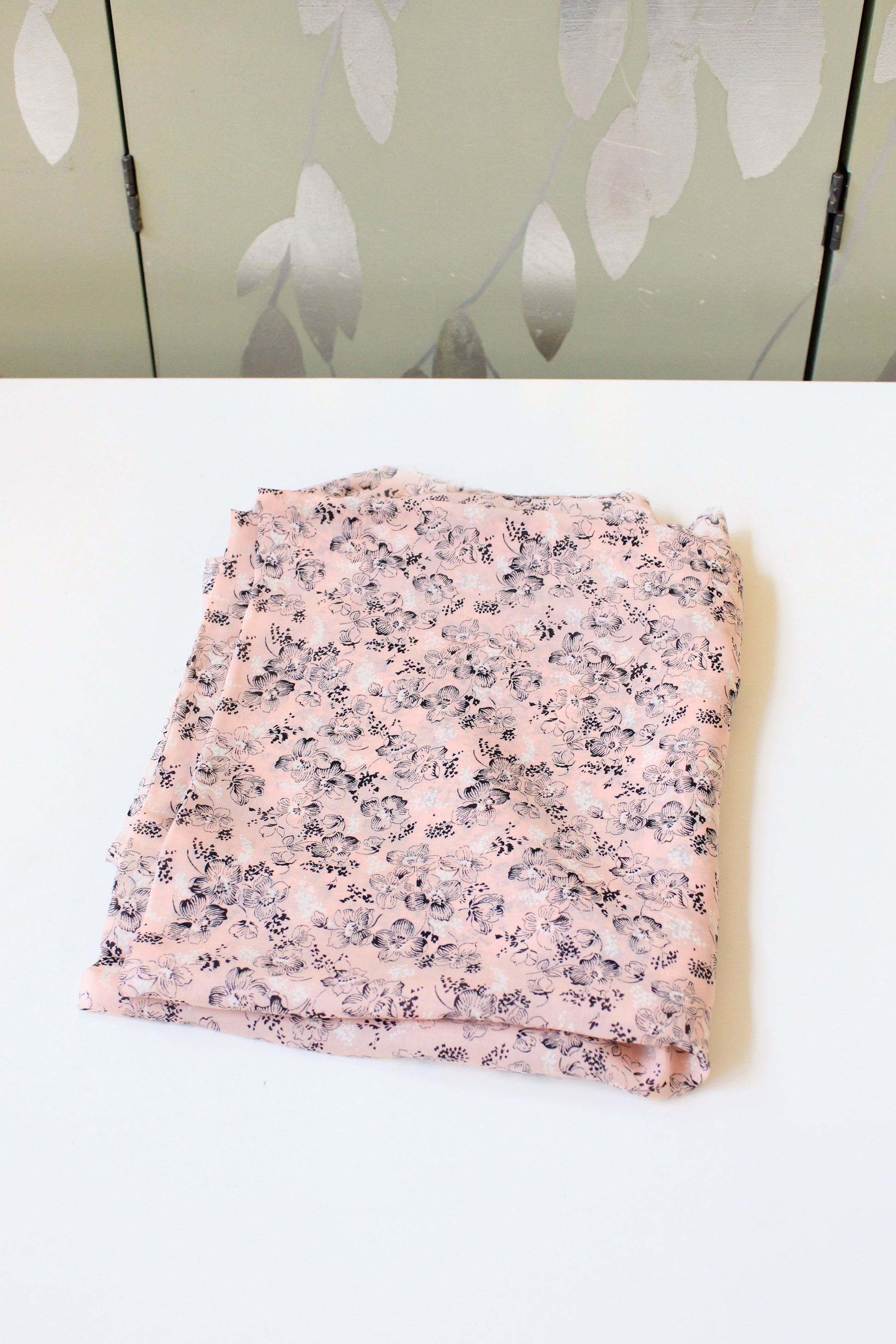 1940s Pink With Black And White Flowers Rayon Fabric, 3.5 Yards