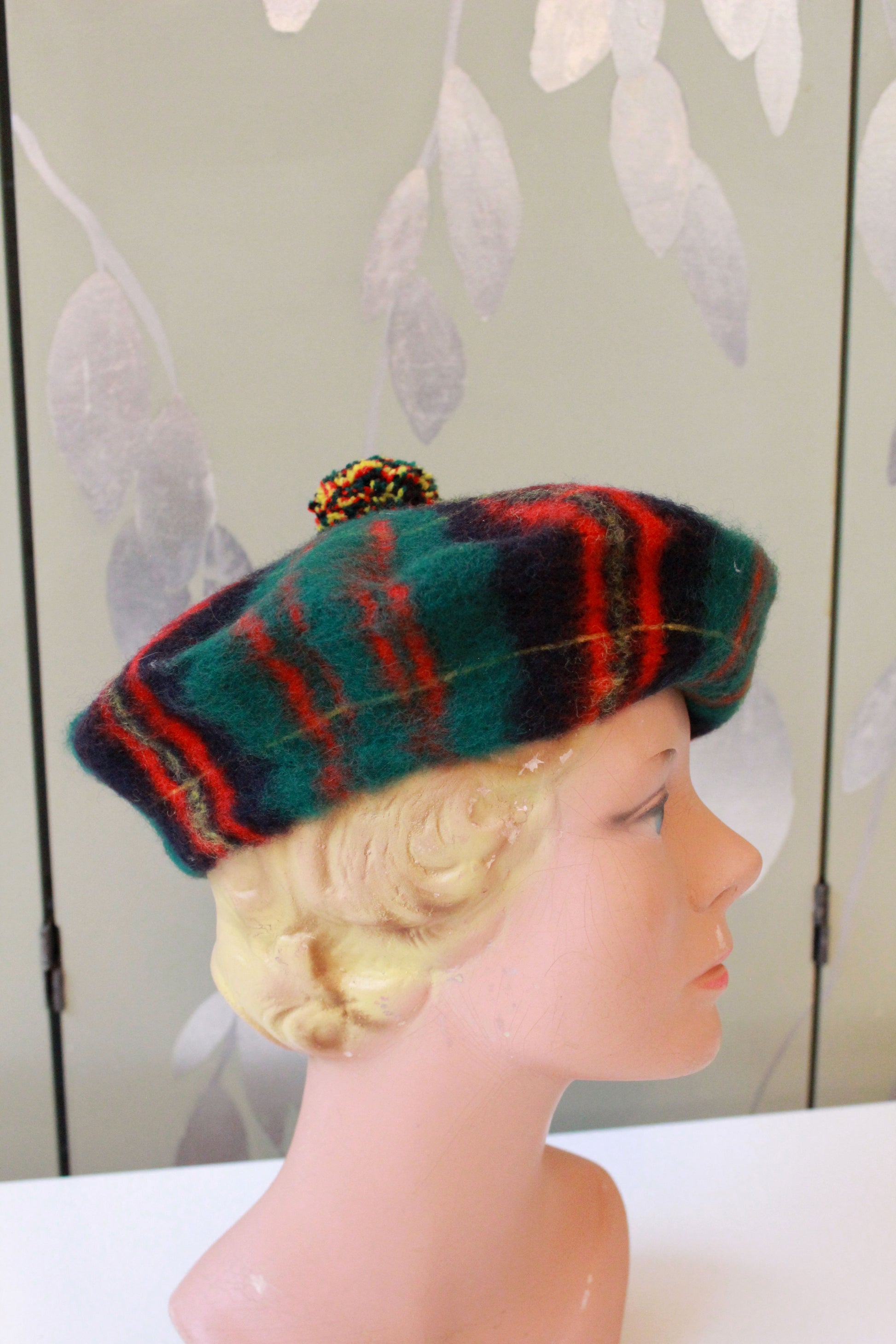 Vintage 1960s 100% Wool Erracht Cameron Plaid Beret With Pom Pom, Made In Scotland