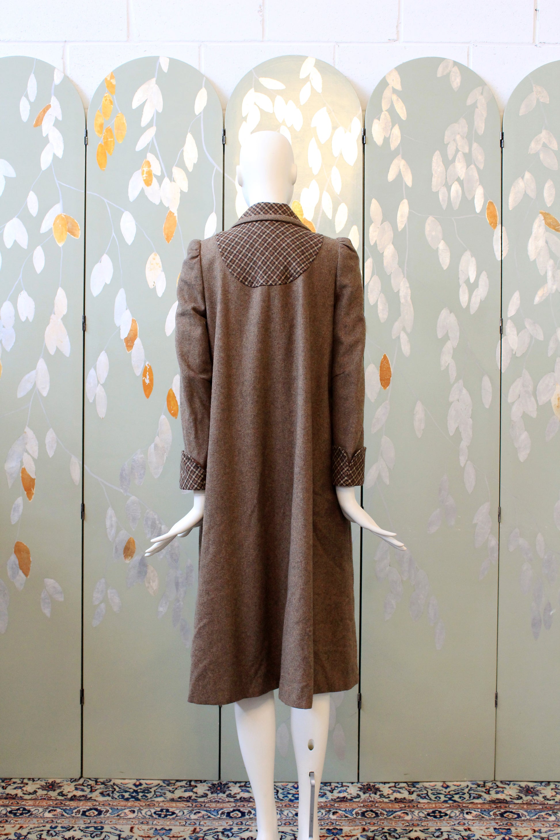 1980s Junior Brown Wool Puff Sleeve Plaid Peter Pan Collar Coat, XS